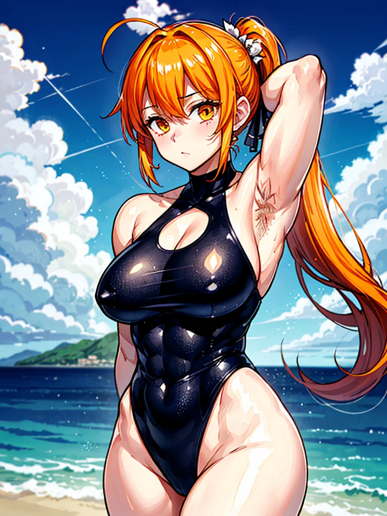(((masterpiece、Highest image quality、highest quality、highly detailed unity 8kwallpaper)))、((Illustration of one girl))、(((beautiful girl)))、((orange hair、side ponytail、sidelocks:1.4、orange eyes))、(((stocky build:1.5, thickset physique:1.6, muscular legs, broad shoulders, solid chest:1.5)))、(((orange hairy armpits:1.4)))、(armpit hair:1.4)、swimsuit、sandy beach