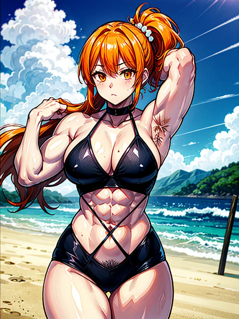 （（（masterpiece、Highest image quality、highest quality、highly detailed unity 8ｋwallpaper）））、（（Illustration of one girl））、（（（beautiful girl）））、（（orange hair、side ponytail、sidelocks：1.4、orange eyes））、（（（stocky build：1.5, thickset physique：1.6, muscular legs, broad shoulders, solid chest：1.5）））、（（（orange hairy armpits：1.4）））、(armpit hair:1.4)、swimsuit、sandy beach