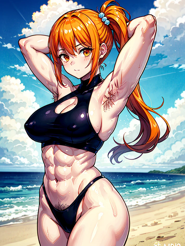 （（（masterpiece、Highest image quality、highest quality、highly detailed unity 8ｋwallpaper）））、（（Illustration of one girl））、（（（beautiful girl）））、（（orange hair、side ponytail、sidelocks：1.4、orange eyes））、（（（stocky build：1.5, thickset physique：1.6, muscular legs, broad shoulders, solid chest：1.5）））、（（（orange hairy armpits：1.4）））、(armpit hair:1.4)、swimsuit、sandy beach