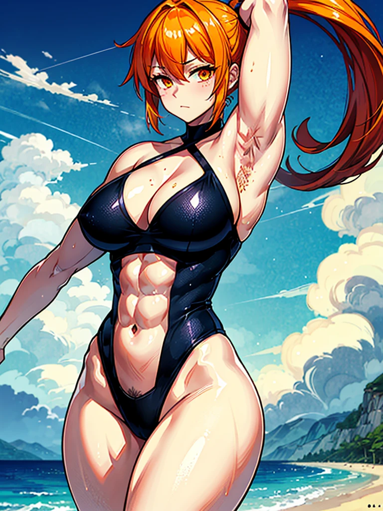 （（（masterpiece、Highest image quality、highest quality、highly detailed unity 8ｋwallpaper）））、（（Illustration of one girl））、（（（beautiful girl）））、（（orange hair、side ponytail、sidelocks：1.4、orange eyes））、（（（stocky build：1.5, thickset physique：1.6, muscular legs, broad shoulders, solid chest：1.5）））、（（（orange hairy armpits：1.4）））、(armpit hair:1.4)、swimsuit、sandy beach