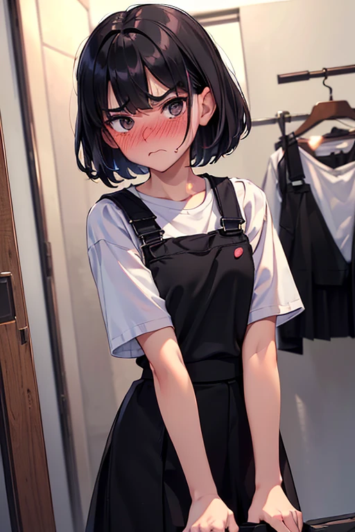 (selfie）,（Dressing room）,short hair, black hair,reddish eyes、(long shot:1.4)、(inside:1.2),(black overall skirt:1.6),, ,NSFW,very detailed、masterpiece、highest quality、Ultra high decomposition energy A、8K high resolution、Clear like a photo、ultra high resolution、Gradation depiction、photorealistic、(crowd:1.1)、The shops、based on anthropology、girl、detailed eyes、short hair、(upward glance),、(wear white Tshirt:1.2)、, ,, ,、,,,, (frown:1.2),(angry:0.9),contemptuous,disdain,(hate:1.3),,elegant,active angle,dynamism pose,, (embarrassed,nose blush:1.5), , 、, (touching face with one hand:1.2),,　white Tshirt ,