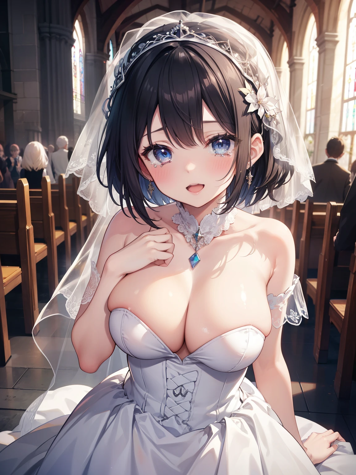 (muste piece, best quality, High resolution, ticker, perfect pixel, Depth of bounds written, In 4K),
1 girl, solo, (Lori), beautiful anime girl,
Looking at Viewer,
perfect body,
POV handjob, pussy focus, upper body,
ticker, short hair, black hair, eyes are blue, (big boobs),
smile, open mouth, tears, blush,
church,
wedding dress, strapless,
pov, from above,