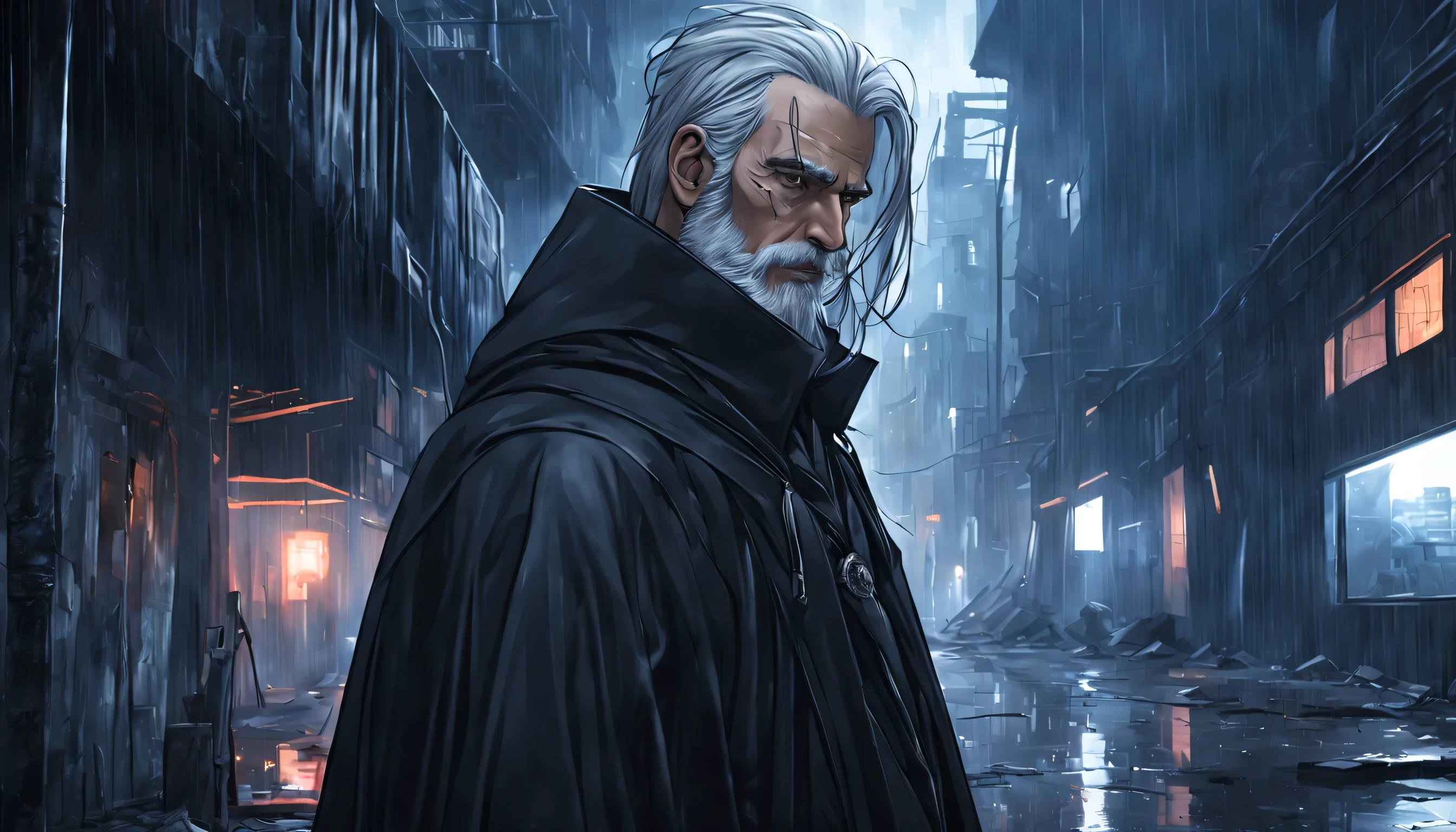 portrait of realistic a master named (Albert) who is old, wears a black cloak, white beard, long white hair, short, many scars,  in an abandoned area, behind the windows is a very dark abandoned futuristic city, rainy night
Preparing 

