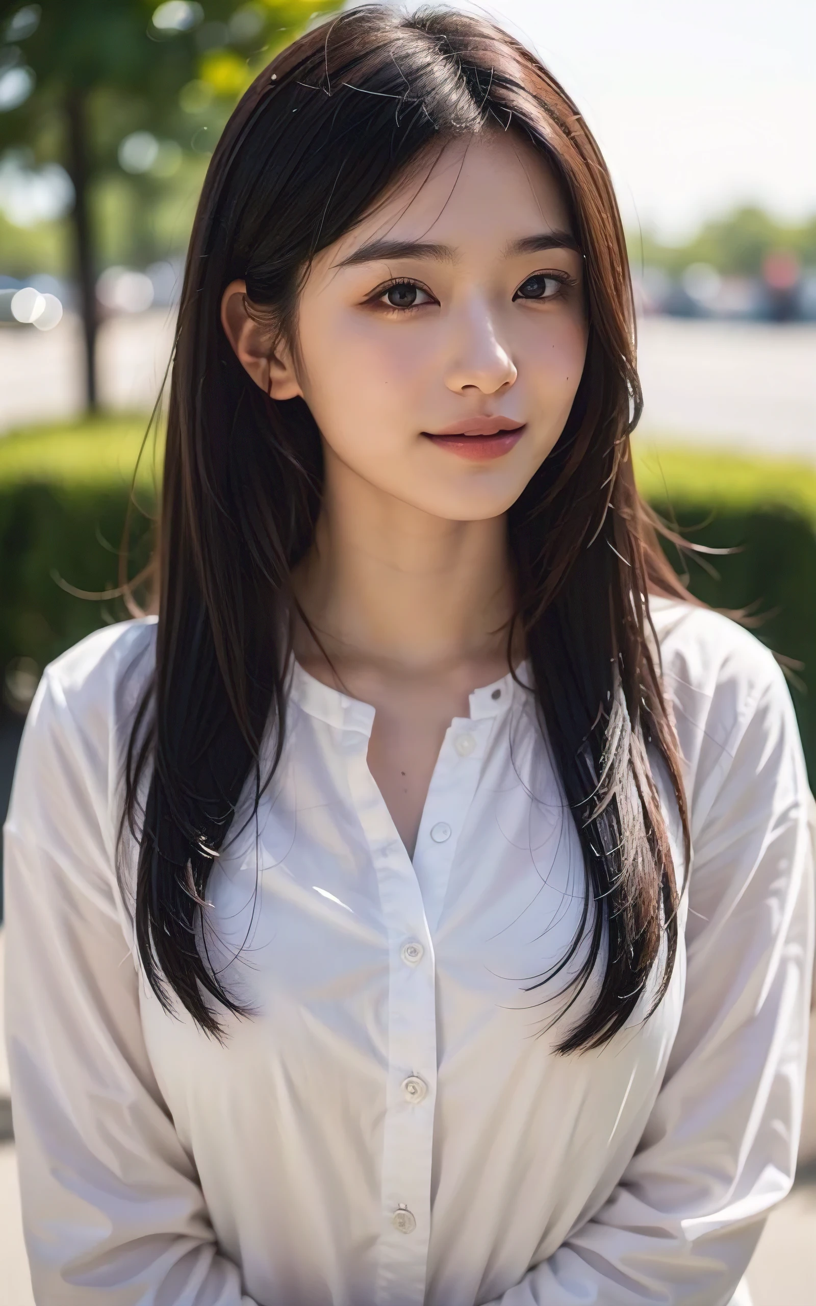 Upper body、avert your eyes、young beautiful japanese woman, gentle features、super cute face、glossy lips、double eyelids in both eyes、natural makeup, smile, long eyelashes are bright, Medium Hair Tweeny Smooth Light Brown Hair、hair swaying in the wind, asymmetrical bangs、center image、8K、high detail、detailed hairstyle、detailed face、great movie lighting、octane rendering、vibrant、surreal、perfect limbs、perfect anatomy, beautiful proportions, blouse,