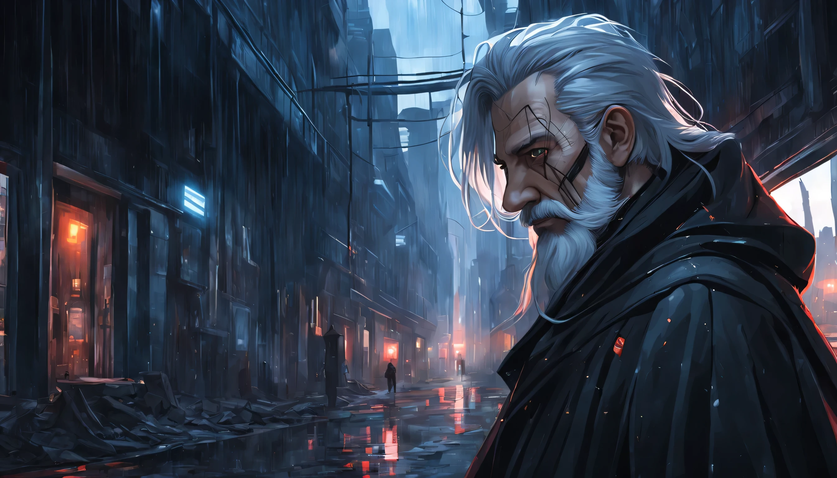 portrait of realistic a master named (Albert) who is old, wears a black cloak, white beard, long white hair, short, many scars, in an abandoned area, behind the windows is a very dark abandoned futuristic city, rainy night
Preparing