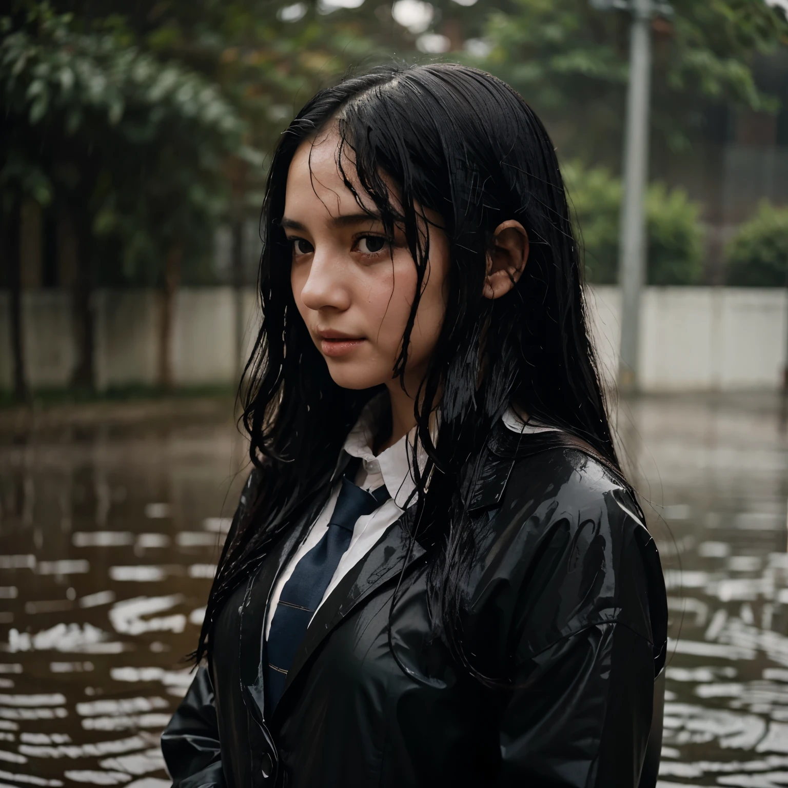 1girl, long black hair,schoolgirl uniform, shy, blush, wet, rain, transparent, (masterpiece, best quality), soft light, cinematic composition, cinematic light