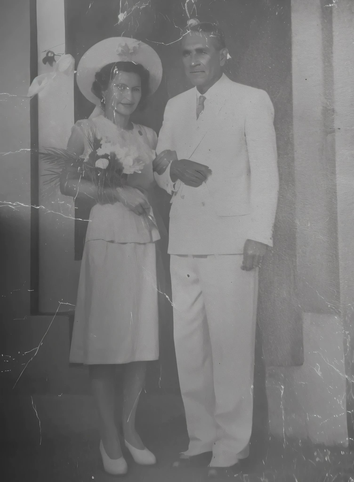 Foto arafed de un hombre y una mujer parados uno al lado del otro., grainy damfoto envejecida, damfoto envejecida, una vieja foto en blanco y negro, momma and papa, Foto vieja, foto envejecida, 1 9 4 0, black and white Foto vieja, foto de boda, Location unknown, viejo cuadro, black and white Foto viejagraph, vieja foto en blanco y negro