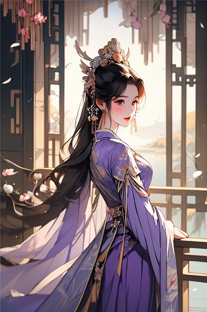 A dream of red mansions, Lin daiyu, Purple clothes, lilac, Traditional Chinese claborayle painting , A lovely girl, traditional china clothing, black hair, beautiful and delicate face, delicate and gorgeous embroidery clothing, felt, exquisite headdress, earrings, The willow tree , flying skirt, Gu kaizhi,