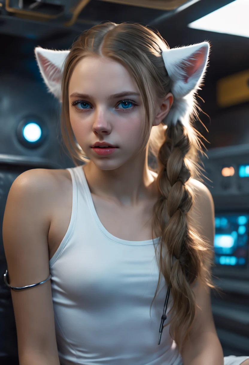 Russian girl,  sitting on a bed,  in a cyberpunk steel bunker with hatches etc.,  in the background. she  wearing white cats ears. She has twintail hairstyle. 16 years old girl,  slim petite,  small girl,  beautiful breasts. Masterpiece,  8k,  4k,  high resolution,  dslr,  ultra quality,  sharp focus,  tack sharp,  dof,  film grain,  Fujifilm XT3,  crystal clear,  8K UHD,  highly detailed light blue eyes,  high detailed skin,  skin pores,  seductive,   look,  bewitching lady with beautiful long hair,  brown eyes,  full lips,  long legs,  lovely face wearing torn vaultsuit clothes. , realistic colors, realistic, photorealistic