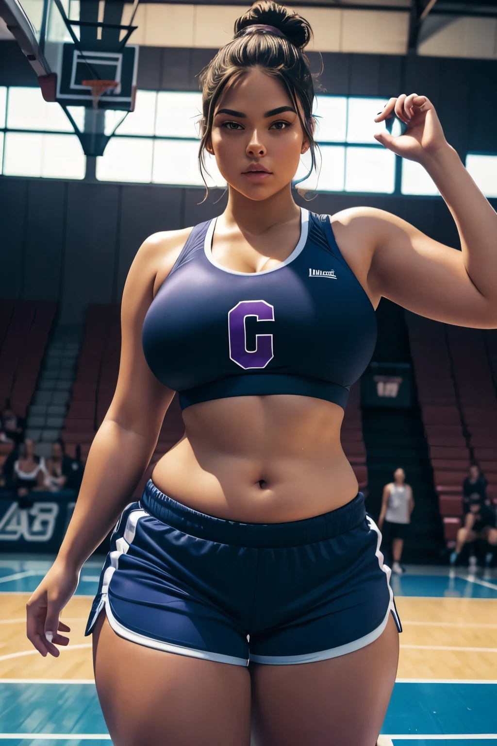 a close up of a person on a basketball court with a basketball, bra and shorts streetwear, beautiful thick female, thick thighs, sport bra and shorts, thick body, thick, sport bra and dark blue shorts, thicc, she has a jiggly fat round belly, short robust woman, gorgeous female, jaw dropping beauty, violet myers, instagram model
