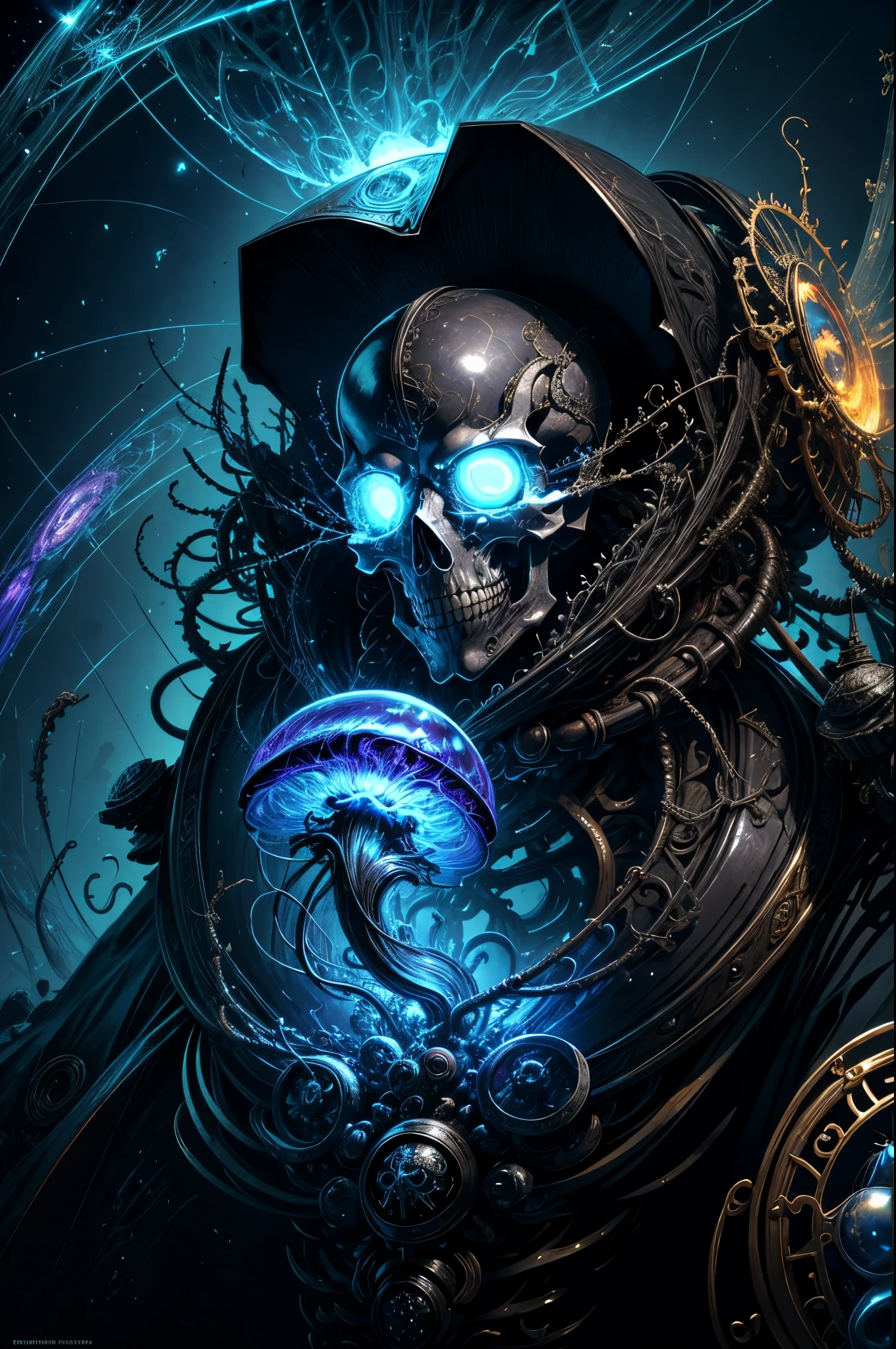 (Masterpiece, best quality :1.3), ultra-detailed, intricate, 8k, HDR, wallpaper, movie lighting, (Universe), gun, (shooting position), glow,Lord of Death Crown， armor, ((manic smile)), red eyes, Mecha, large wings, head close-up (metal skeleton parasitically parasized by a dreamlike transparent jellyfish), An altar of abstractly twisted jellyfish tentacles holds a very large (mysterious skull made of metal), a waterfall of transparent tentacles above the skull, (dark sunglasses, highly reflective lenses, a rainbow around the skull), and an energetic circular composition only illustrates the influence of various structural forces (steampunk decorative elements, cogs, and other elements). Pointer, chain decoration combination,insanely detailed and intricate, hypermaximalist, elegant, ornate, hyper realistic, super detailed