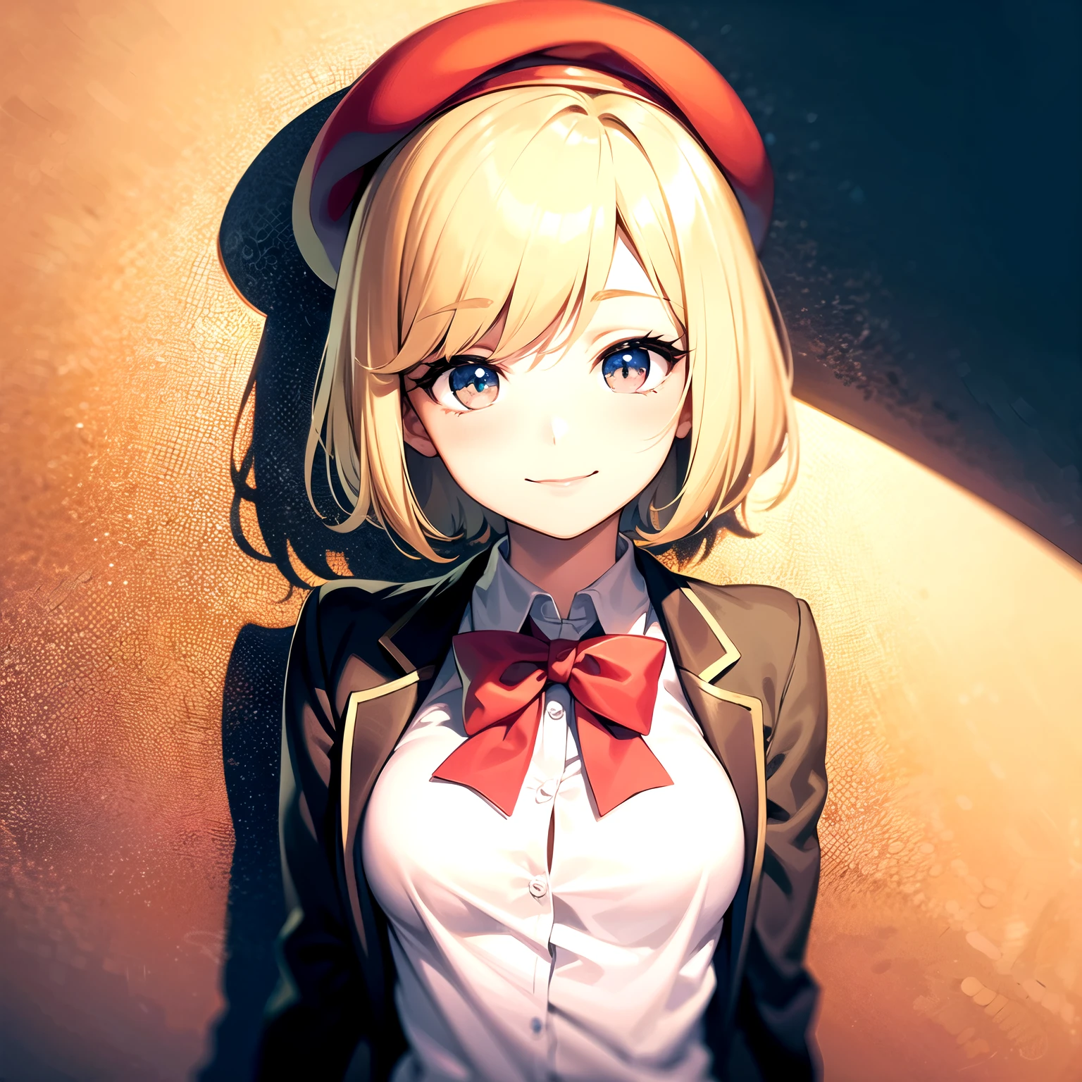 ((best quality)), ((muste piece)), (detailed breasts), perfect face,{{Pink beret}},high school girl,blonde,smile,front,straight hair,cute,no shadows,{{1 person}},short hair,
{school uniform},Upper body