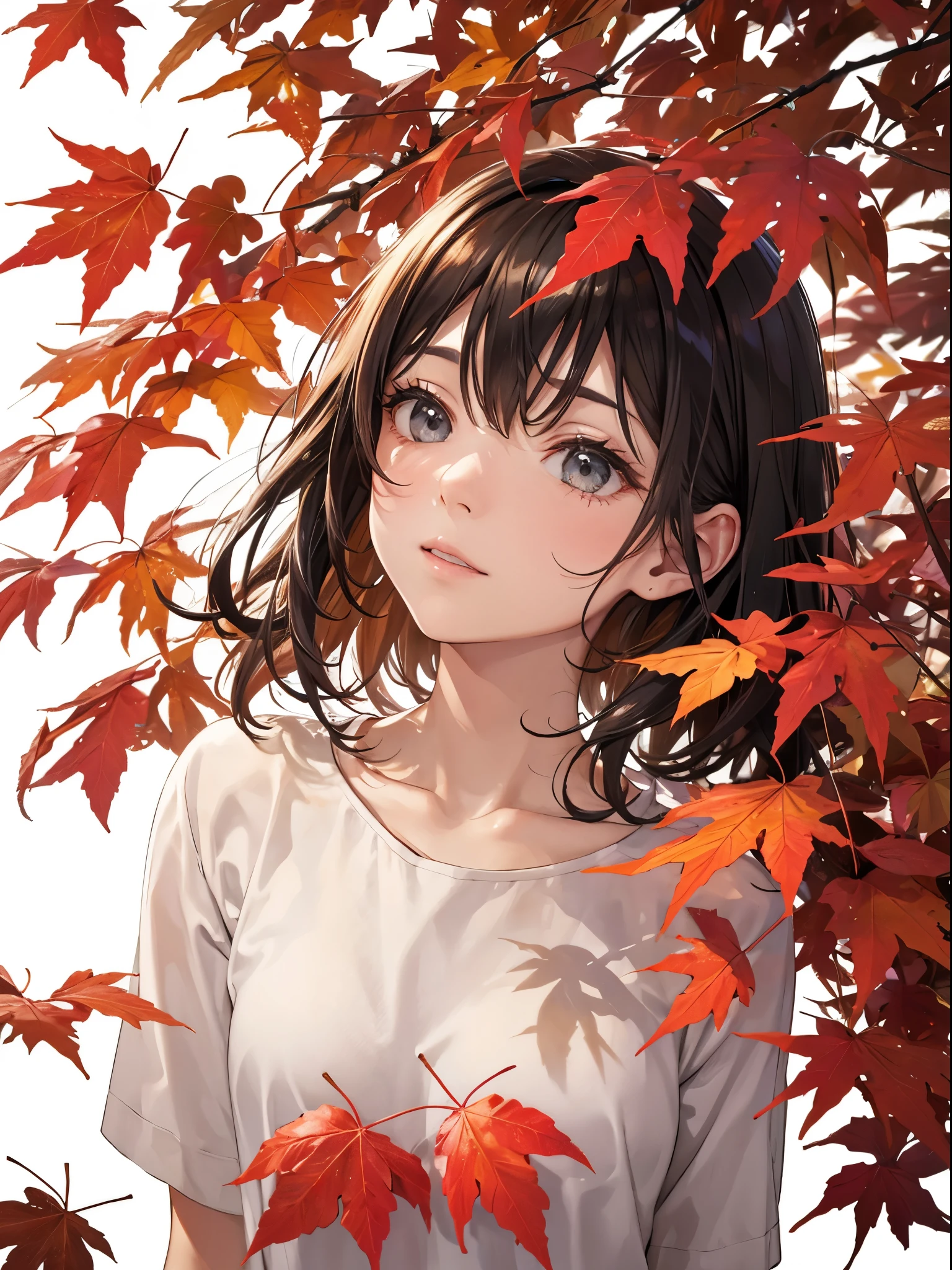 Shower of Autumn leaves, no character, (( white background)), less leaves