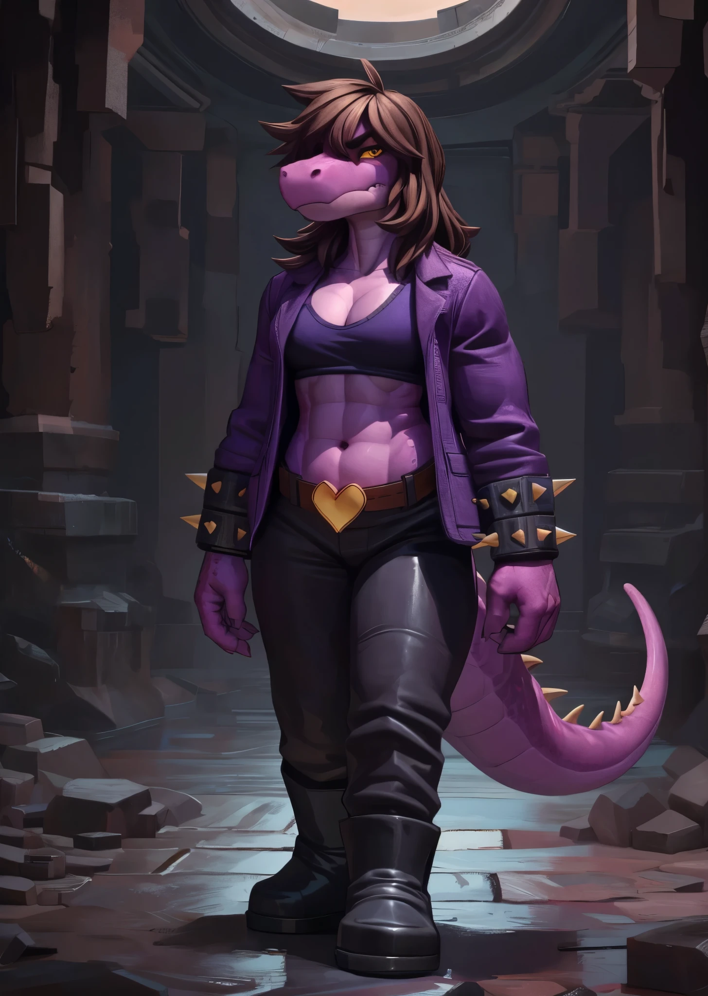 [susie], [Deltarune], [Uploaded to e621.net; (Pixelsketcher), (wamudraws), (woolrool)], ((masterpiece)), ((HD)), ((high res)), ((solo portrait)), ((front view)), ((feet visible)), ((scalie; anthro)), ((detailed fur)), ((detailed shading)), ((beautiful render art)), ((intricate details)), {anthro dinosaur; (athletic figure), purple scales, (reptile snout), (cute yellow eyes), (black pupil), (bags under eyes), (short eyelashes), (long messy brown hair), long lizard tail, (defined muscles), (medium boobs), (curvy hips), (thick thighs), (beautiful legs), (annoyed expression)}, {(black leather jacket), (purple shirt), (cleavage), (navel), (baggy hot-pink pants), (black boots), (gold heart-shaped belt buckle), (spiky bracers)}, {(standing), (arms at side), (looking at viewer)}, [background; (dark-purple cave), (cavern), (ruins), (ambient lighting)]