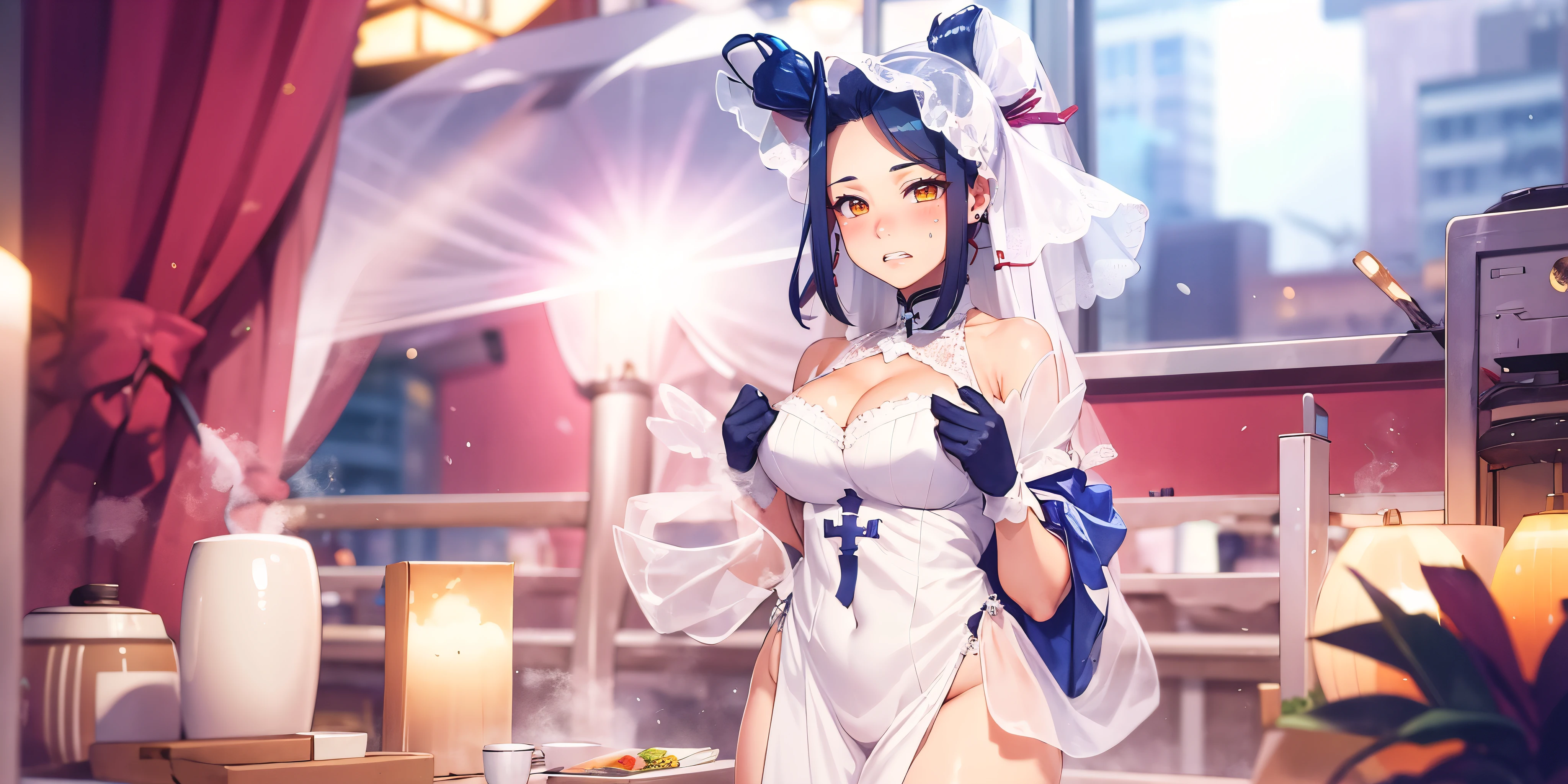 blue hair, ponytail, brown eyes, breasts, epic art, fantasy, breasts, solo, (shaded face:1.2), hollow eyes, (x-shaped eyes, symbol shaped eyes, cross eyes), looking at viewer, embarrassed, lips, makeup, brown eyes, blush face, steaming face, clenched teeth, 1girl, gloves, veil, bridal_veil, white_gloves, elbow_gloves, cleavage, looking_at_viewer, thick_thighs, huge_breasts, bare_shoulders, see-through, thighs, solo, curvy, wedding_dress, dress, dim light, night,
