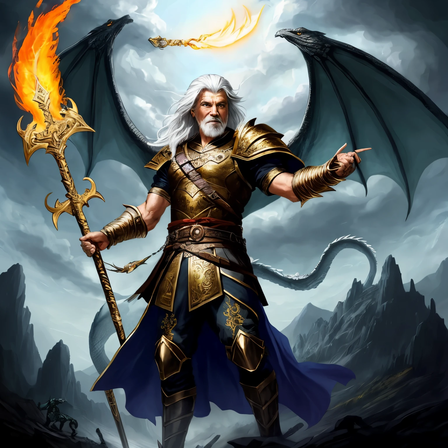 a man with a spear in hand and a dragon behind, greek myth digital painting, beautiful male god, greek god, phoenix warrior, epic fantasy style art, epic fantasy character art, legendary god holding spear, the god hades, symmetrical epic fantasy art, appears as the fire god, epic fantasy art style, detailed digital 2d fantasy art, mythical creature, white long hair, (old man)++, elderly