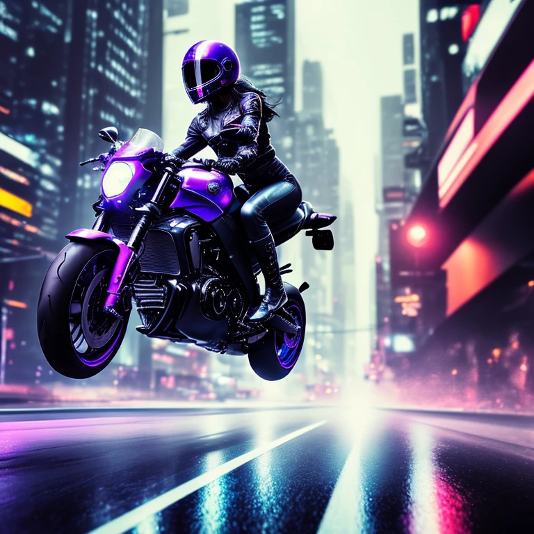 (best quality,4k,8k,highres,masterpiece:1.2),ultra-detailed,(realistic,photorealistic,photo-realistic:1.37),woman sitting on a motorcycle on the road, sitting on a motorcycle, sitting on cyberpunk motorbike, motorcycle, sporty, motorcycles, riding a motorcycle, powerful pose, picture of a female, chrome details, futuristic environment, neon lights, urban setting, dark and moody atmosphere, city skyline reflected on the wet road, vibrant colors, dramatic shadows, cool blue and purple color scheme, sleek and glossy surfaces, shiny leather outfit, fierce expression, wind blowing through her hair, confident and determined gaze, tattooed arms, stylish helmet, dynamic composition, fast and dynamic movement, speed blur effect, high contrast, energy and excitement.