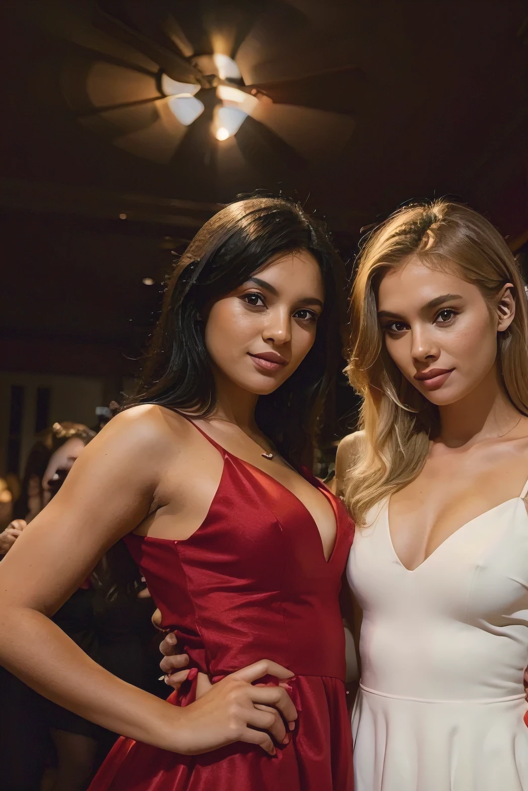 black hair woman wearing beautiful red dress standing with blonde friend woman in party, enjoying the party together