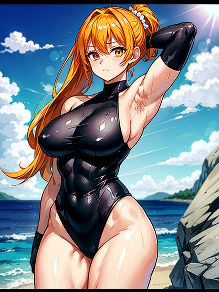 (((masterpiece、Highest image quality、highest quality、highly detailed unity 8kwallpaper)))、((Illustration of one girl))、(((beautiful girl)))、((orange hair、side ponytail、sidelocks:1.4、orange eyes))、(((stocky build:1.5, thickset physique:1.6, muscular legs, broad shoulders, solid chest:1.5)))、(((orange hairy armpits:1.4)))、(armpit hair:1.wimsuit、sandy beach