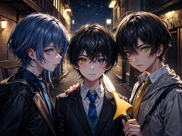 (masterpiece), best quality, high quality, dynamic light, a group of boys and a boy facing each other, upper body, a group of boys, (sadistic eyes, smirking, holding knife in hand), boy, (school uniform, (blue tie), (heterochromia), (blue left eye, yellow right eye:1.1), serious face, (glowing yellow eye), (hairstyle: straight), black hair, middle hair, (hair covers the eye:1.2)), night sky, dark alley, horror, from side, side view