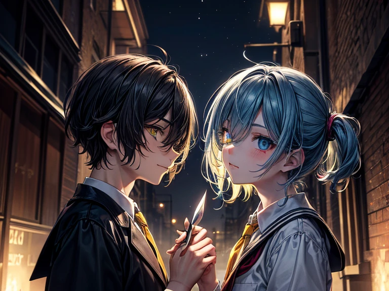 (masterpiece), best quality, high quality, dynamic light, a group of boys and a boy facing each other, upper body, a group of boys, (sadistic eyes, smirking, holding knife in hand), boy, (school uniform, (blue tie), (heterochromia), (blue left eye, yellow right eye:1.1), serious face, (glowing yellow eye), (hairstyle: straight), black hair, middle hair, (hair covers the eye:1.2)), night sky, dark alley, horror, from side, side view