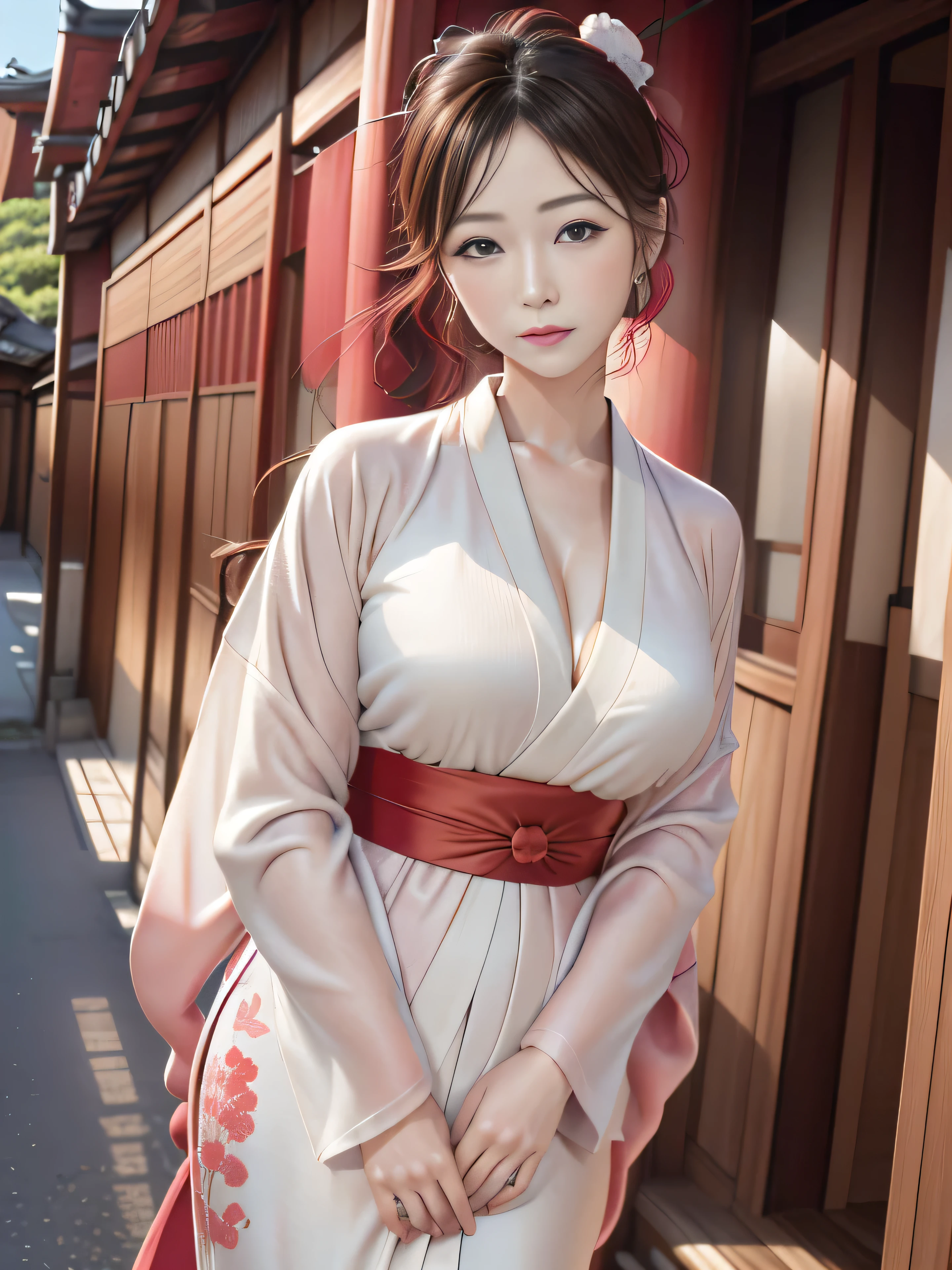 long shot,(solo:0.5),MaiShiranui ,Thin to transparent, Soggy ,see-through,((( Off shoulder kimono))),Lace fabric,nipple, (((water-immersed body: 0.9))),jewelry,In the street ,BrownishRed hair,Masterpiece,best quality,extremely detailed ,3D,Cinema-4D , 8k,Photorealistic ,(((Charming female body))), (gigantic breasts:1.5),Facing the camera, Pink lips,Finger details,Delicate fingers and hands,