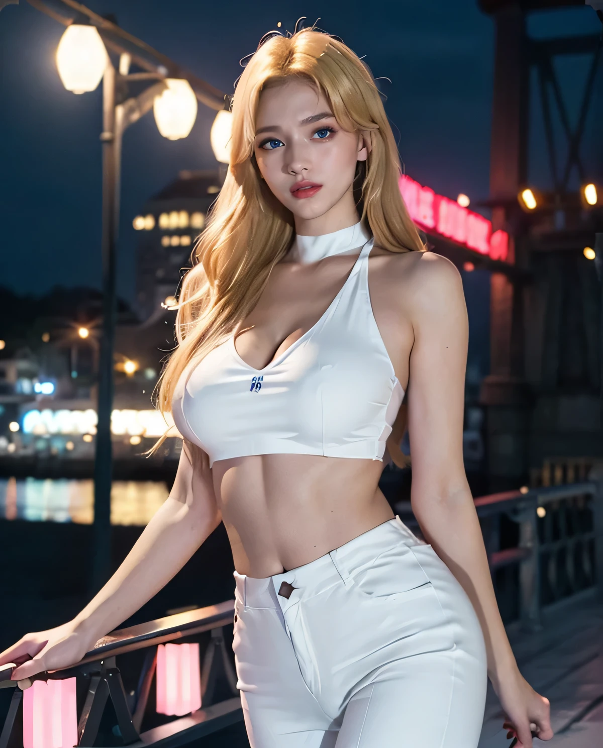 1 chica, (ojos azules), (Sonrisa :1.1), (Sana Minatozaki), Caderas anchas, tetas grandes, (gran culo), (Mejor calidad, 8k, obra maestra: 1.3), manos perfectas, Enfoque claro: 1.2, Belleza del cuerpo perfecto: 1.4, Abdominales delgados: 1.2, Textura de cara y piel muy detallada., ojos detallados, double eyelids, maquillaje negro, labios rojos, (pelo largo rubio), (top corto con peplum blanco), (jeans negros), de pie, dynamic pose, (en un puente por la noche), ((bridge illuminated by neon lights)), (playa al fondo :1.2)