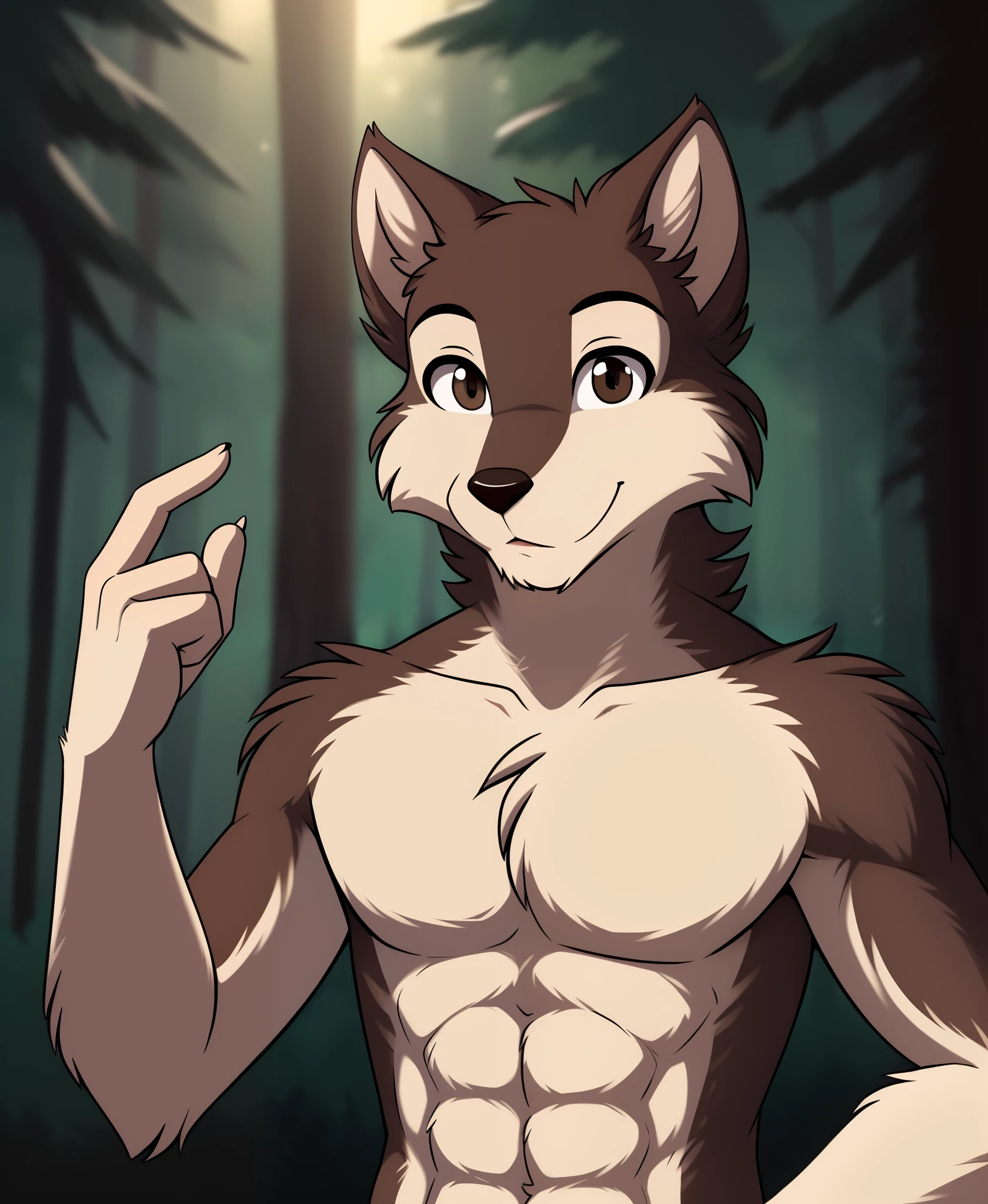 by Jay Naylor, by Jay_Naylor, ,, brutus-twokinds, twokids, (best quality, masterpiece:1), solo, furry male anthro, dark brown eyes, light brown fur, dark brown fur, two tone brown body ,portrait, fingers, finger claws, looking at viewer, wolf tail, strong, (outdoors dark forest trees blurry blurred background:1.1),