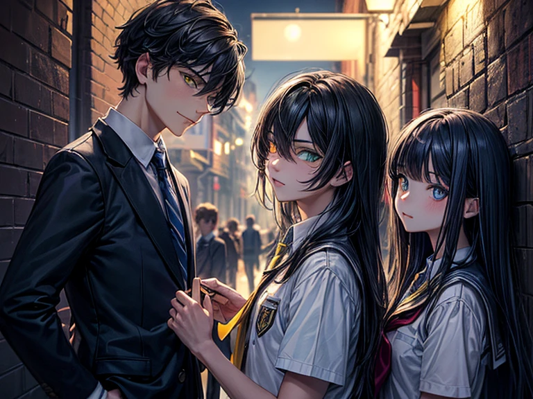 (masterpiece), best quality, high quality, dynamic light, a group of boys and a boy facing each other, upper body, a group of boys, (sadistic eyes, smirking, holding knife in hand), boy, (school uniform, (blue tie), (heterochromia), (blue left eye, yellow right eye:1.1), serious face, (glowing yellow eye), (hairstyle: straight), black hair, middle hair, (hair covers the eye:1.2)), night sky, dark alley, horror, from side, side view