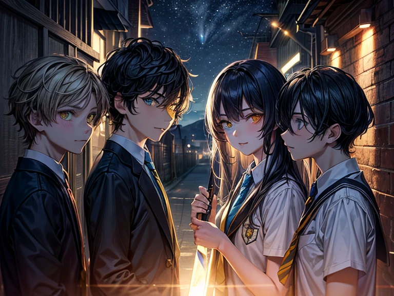 (masterpiece), best quality, high quality, dynamic light, a group of boys and a boy facing each other, upper body, a group of boys, (sadistic eyes, smirking, holding knife in hand), boy, (school uniform, (blue tie), (heterochromia), (blue left eye, yellow right eye:1.1), serious face, (glowing yellow eye), (hairstyle: straight), black hair, middle hair, (hair covers the eye:1.2)), night sky, dark alley, horror, from side, side view