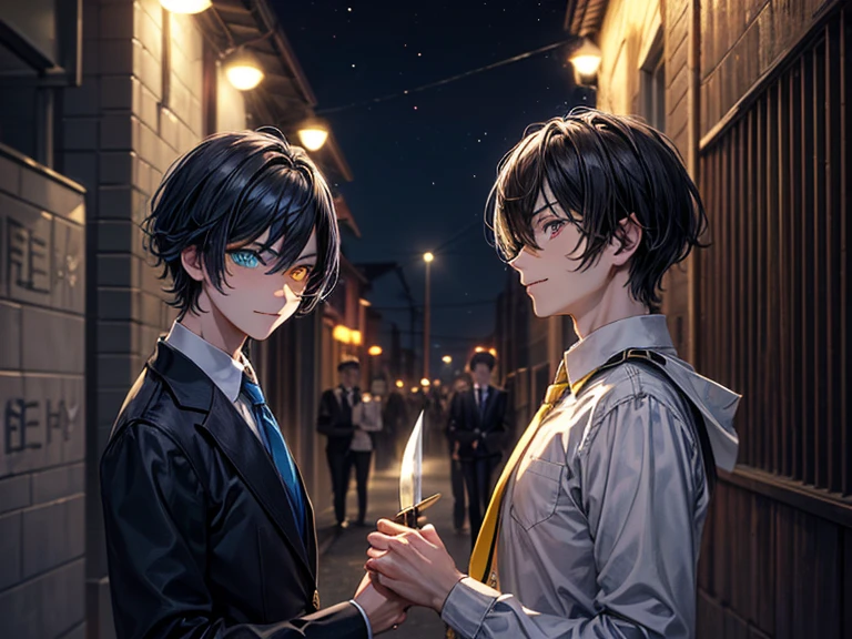 (masterpiece), best quality, high quality, dynamic light, a group of boys and a boy facing each other, upper body, a group of boys, (sadistic eyes, smirking, holding knife in hand), boy, (school uniform, (blue tie), (heterochromia), (blue left eye, yellow right eye:1.1), serious face, (glowing yellow eye), (hairstyle: straight), black hair, middle hair, (hair covers the eye:1.2)), night sky, dark alley, horror, from side, side view