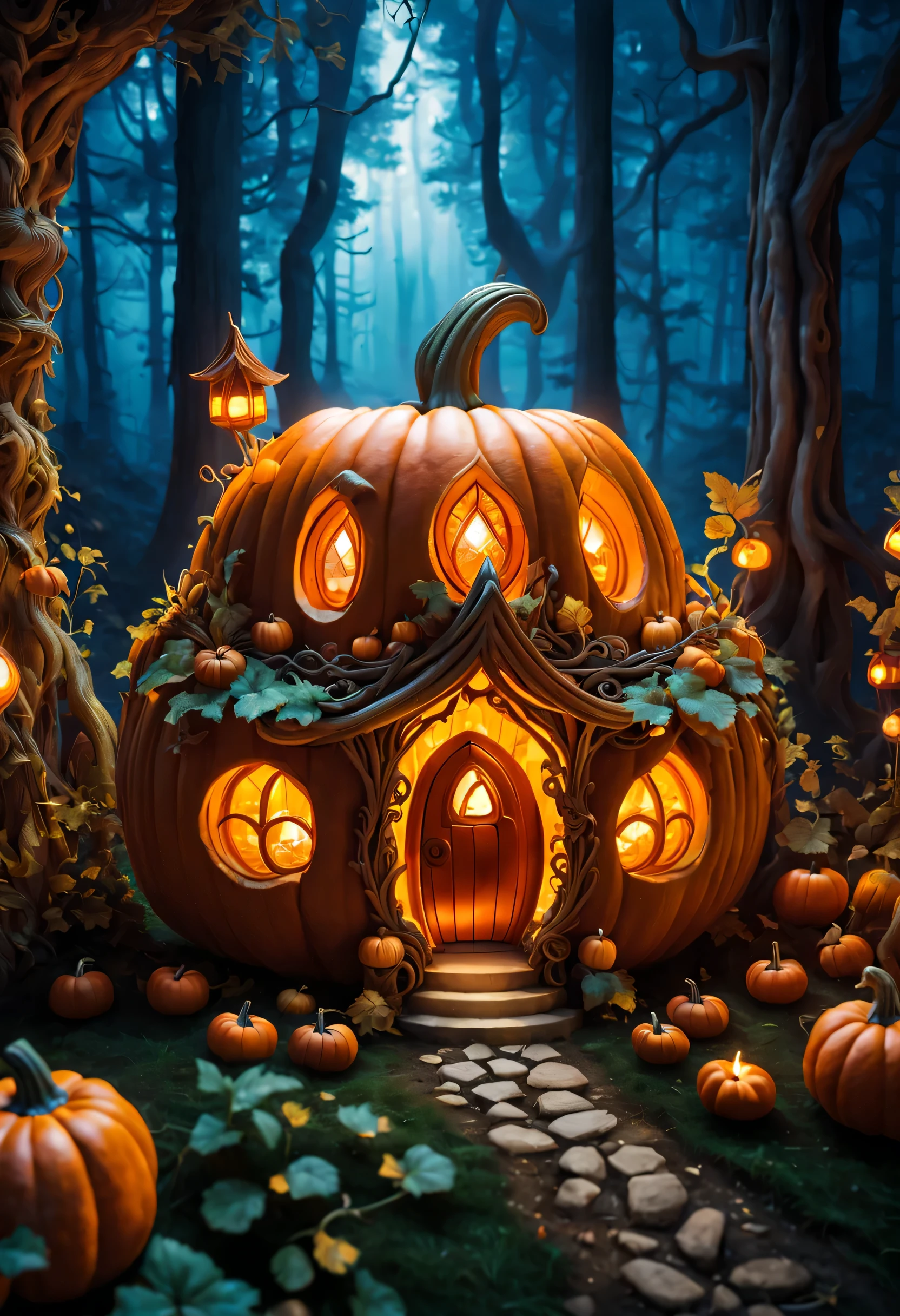 There  a pumpkin house in the enchanted forest，Beautiful carving on pumpkin，Empty，There are warm lights inside the pumpkin，Cute little animal Ludgeman