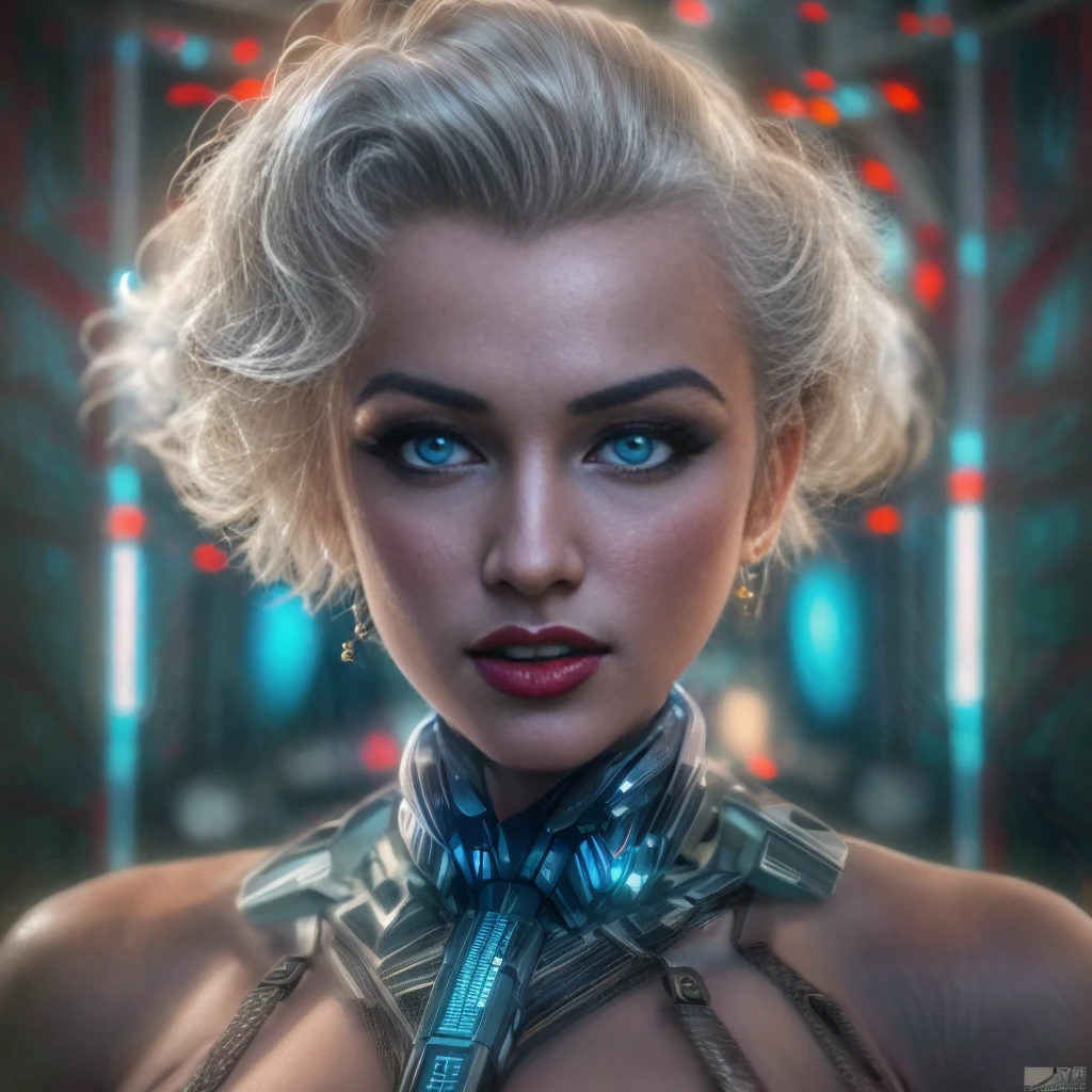 (A cinematic marilyn Monroe with cybernetic outfit, raw, photograph, 8k),(best quality,4k,8k,highres,masterpiece:1.2), ultra-detailed, (realistic,photorealistic,photo-realistic:1.37), HDR, UHD, studio lighting, ultra-fine painting, sharp focus, physically-based rendering, extreme detail description, professional, vivid colors, bokeh, portraits, cyberpunk vibe, vintage atmosphere, seductive allure, glamorous pose, silky blonde hair, sparkling blue eyes, red lips, metallic exoskeleton, neon lights, futuristic setting