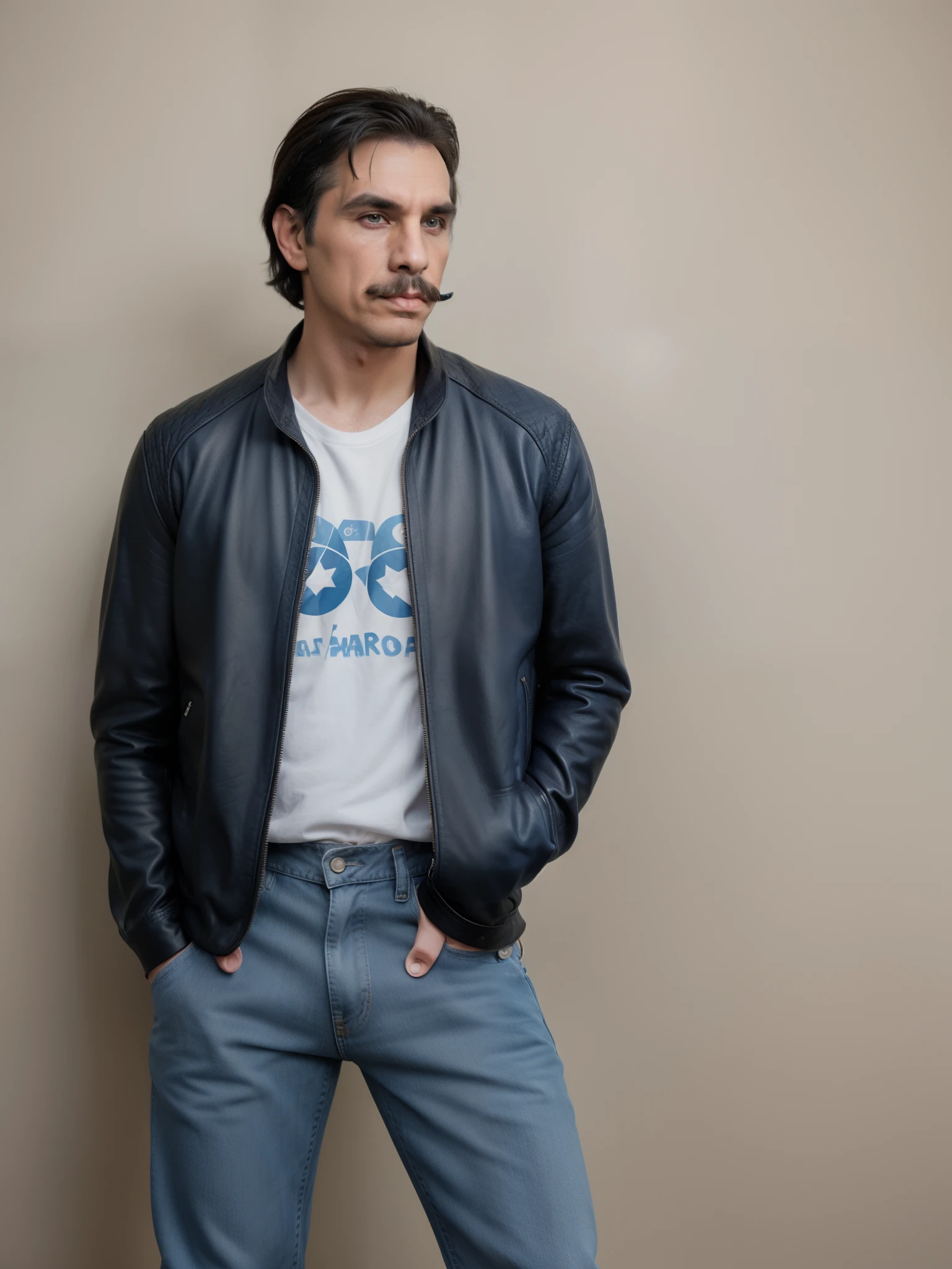 standing againts the wall watching girls walk by - full body portrait - 25-year-old white male, John Gerbals - short, crew-cut hair tapered on the sides - cobalt blue eye set wide apart - a long, curved down, nose - large, pouty lips - a mustache and goatee - extremely slanted Spock eyebrows - large ears - a square jawline - high cheek bones - dimples - tan leather jacket - blue button up shirt- blue jeans - converse sneakers - resembles Paul Stanley, Elvis Presley, Leonard Nimoy