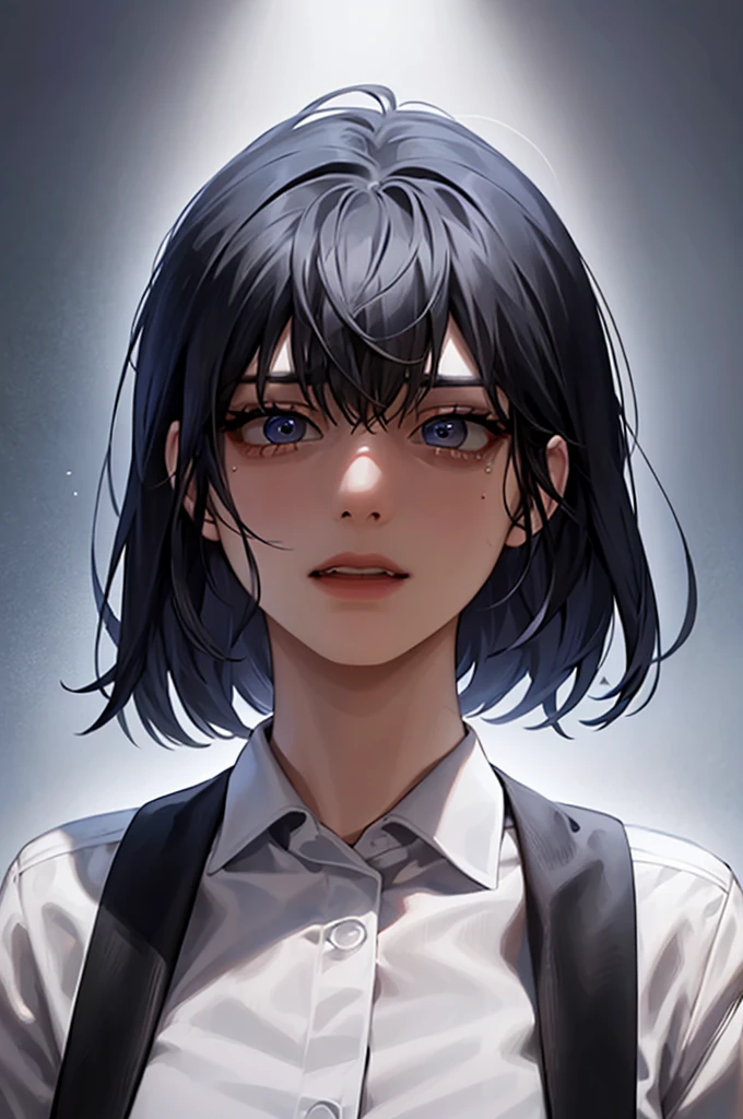 (shirt, tie, pants:0.5) (detailed realistic face), (((hyperdetailed))), zoomed out, symmetrical face, detailed pupil, expressive eyes, makeup, real photography, modern look, Real photography (Realisitc:1.5), han Sooyoung, tears, disbelief, crying, short hair 