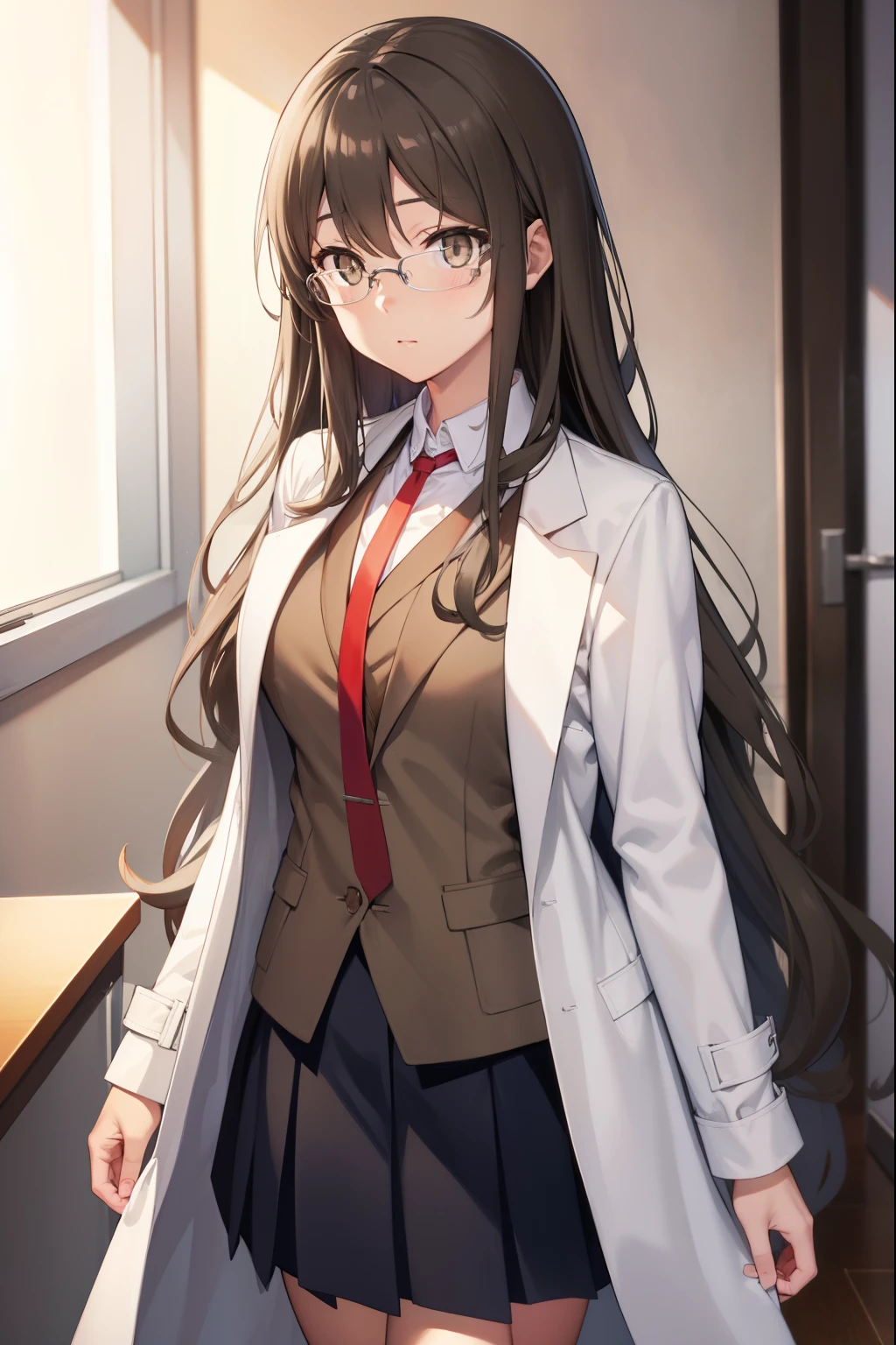 riofutaba, rio futaba, black-framed eyewear, (brown eyes:1.7), glasses, (grey hair:1.2), hair between eyes, over-rim eyewear, semi-rimless eyewear, long hair, sidelocks,
BREAK blazer, blue skirt, brown jacket, coat, collared shirt, jacket, lab coat, long sleeves, miniskirt, necktie, open clothes, open coat, pleated skirt, red necktie, school uniform, shirt, skirt, undershirt, (white coat:1.5), white shirt,
BREAK looking at viewer,
BREAK indoors, classroom,
BREAK (masterpiece:1.2), best quality, high resolution, unity 8k wallpaper, (illustration:0.8), (beautiful detailed eyes:1.6), extremely detailed face, perfect lighting, extremely detailed CG, (perfect hands, perfect anatomy),