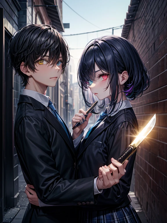 (masterpiece), best quality, high quality, dynamic light, a boy and a boy facing each other, upper body, /(boy1/), (sadistic eyes, smirking, holding knife in hand), /(boy2/), (school uniform, (blue tie), (heterochromia), (blue left eye, yellow right eye:1.1), serious face, (glowing yellow eye), (hairstyle: straight), black hair, middle hair, (hair covers the eye:1.2)), night sky, dark alley, horror, from side, side view 
