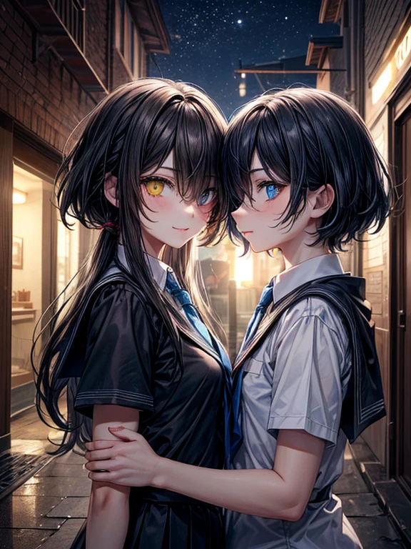 (masterpiece), best quality, high quality, dynamic light, a boy and a boy facing each other, upper body, /(boy1/), (sadistic eyes, smirking, holding knife in hand), /(boy2/), (school uniform, (blue tie), (heterochromia), (blue left eye, yellow right eye:1.1), serious face, (glowing yellow eye), (hairstyle: straight), black hair, middle hair, (hair covers the eye:1.2)), night sky, dark alley, horror, from side, side view 