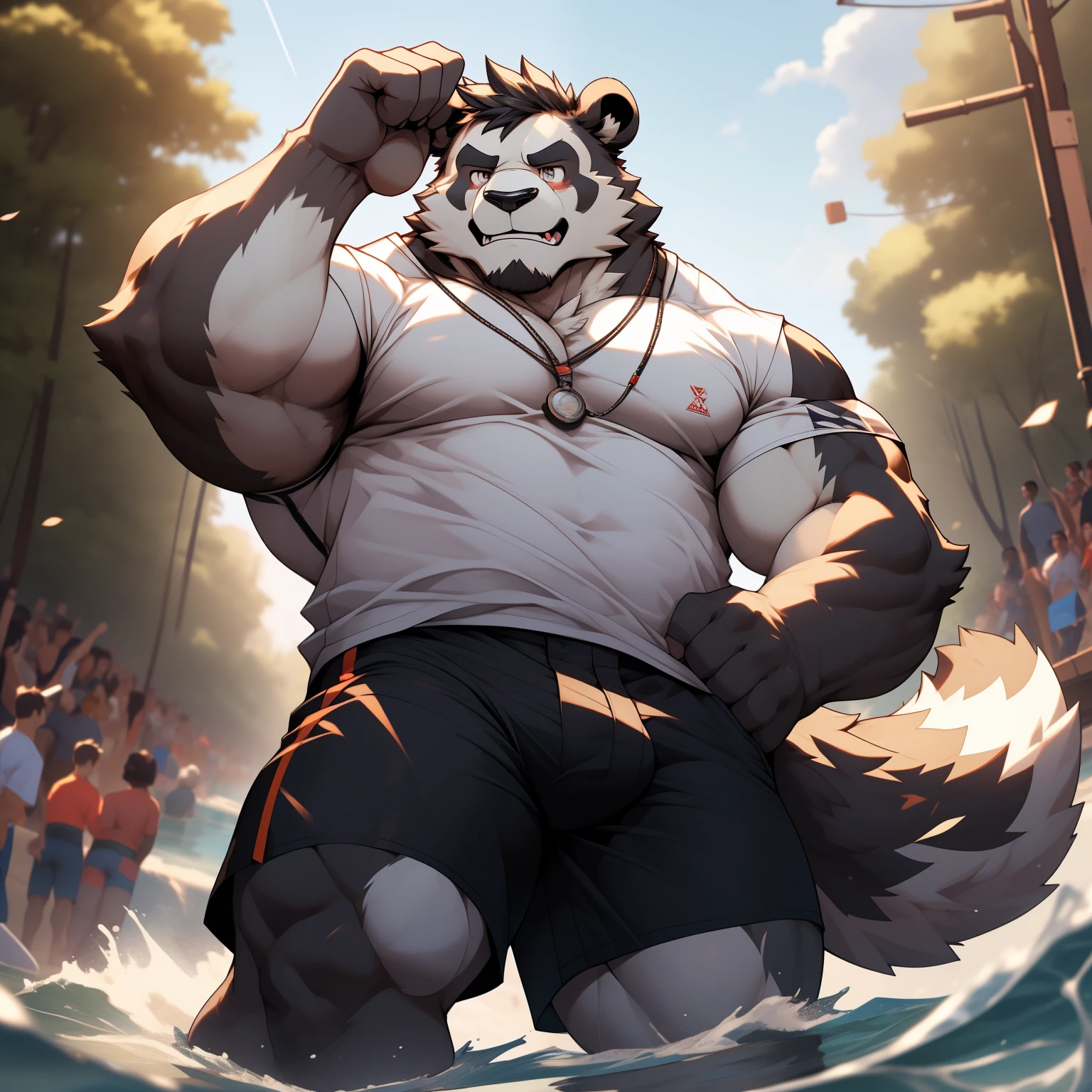 The prompt for the theme "Anthropomorphic Panda, Male, Muscular, Broad Chest, Bare Chest, Open at the Top, Rolled-up Sleeves, Massive Bulge in the Hips, Tight Shorts, Rolled-up Pant Legs Drifting in the River, Big Tail, Posing with Butt Raised Towards the Audience, High Definition, High Detail, High Resolution, Masterpiece" can be:
"anthropomorphic panda, male, muscular,broad chest,bare chest,open at the top,rolled-up sleeves,massive bulge in the hips,tight shorts,rolled-up pant legs drifting in the river,big tail,posing with butt raised towards the audience, (best quality,4k,8k,highres,masterpiece:1.2), ultra-detailed,(realistic,photorealistic,photo-realistic:1.37), HDR,UHD, studio lighting,extreme detail description, professional, vivid colors, bokeh, portraits"