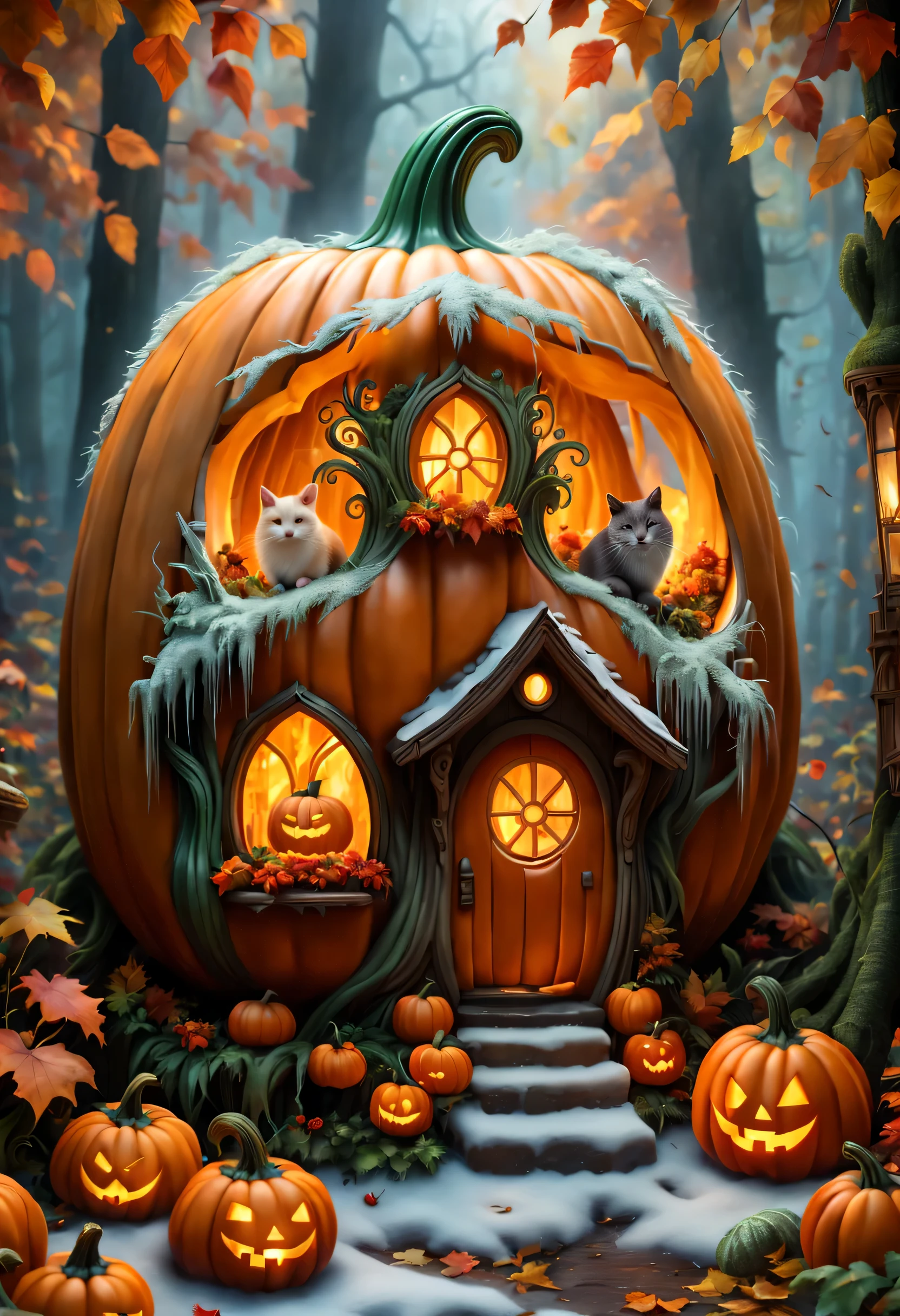 (best quality,4K,8k,high resolution,masterpiece:1.2),Super detailed,(actual,photoactual,photo-actual:1.37),snow,enchanted forest,fantasy,Halloween Pumpkin House,Beautifully carved pumpkins,hollow out,Pumpkin interior glows softly and warmly,Cute little animals,dreamlike atmosphere