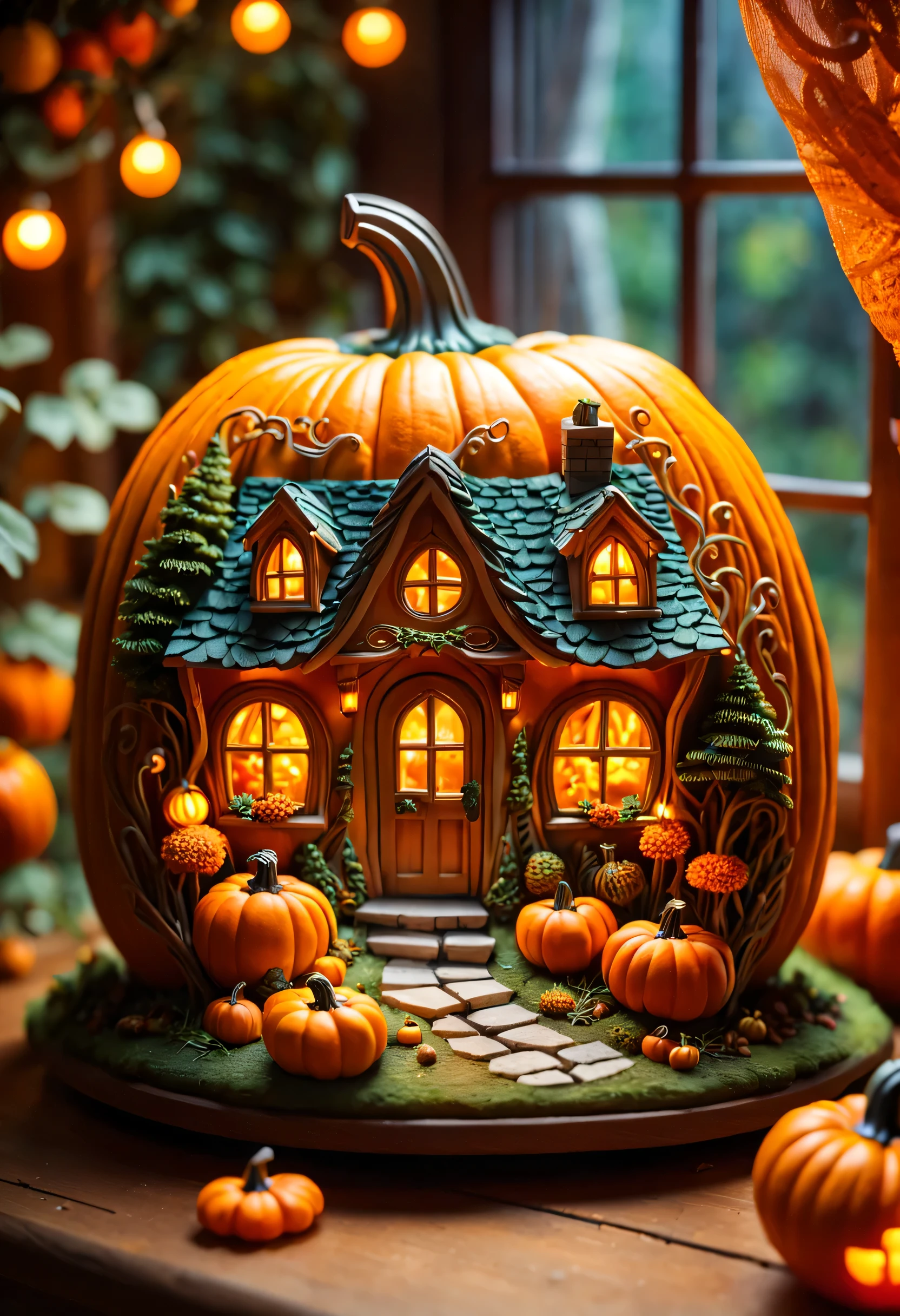 (enchanted forest,Engraving process,miniature landscape,Pumpkin carving,Exquisite pumpkin hut,Warm lights inside the pumpkin house),best quality,Super detailed,actual (1.37),photoactual,studio lighting,bright colors,sharp focus,Physically based rendering,human development report,ultra high definition,Bokeh