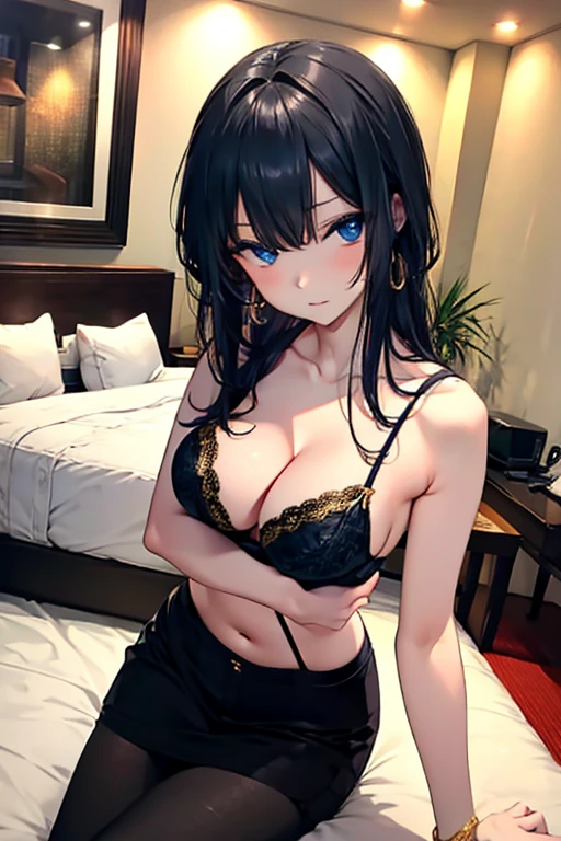 black hair, blue eyes, gold lingerie, gold underwear, sexy, large breast, a hotel bedroom