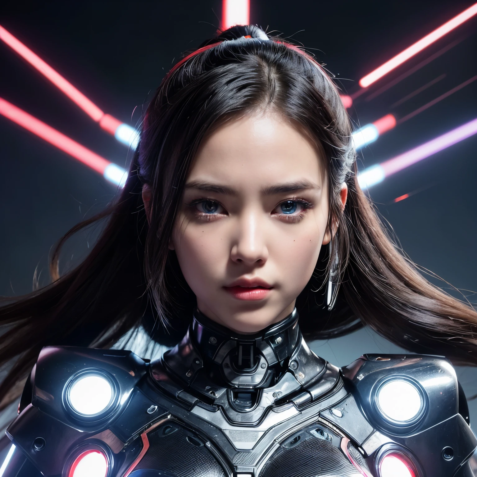 ((hyperrealistic, photorealistic, 8k, intricate detailasterpieceest quality, (Portrait:1.3), full body, ultra-detailed, a hot geisha, expose clitoris, change vulgar armor, fleshy lips, silky skin, cyborechanical limbs), hybrid machine woman, android girl, cyborg queen, robotic goddess, robotic valkyrie, mechanical diva, divine circuits, ex-machina goddess, transhuman maiden, cybernetic goddess, cybernetic eroticism, dynamic angle, standing pose, (1 girl), Heterochromia red and blue eyes,  Black ponytail hair, cybernetic micro armor, neck body mechanisms, gorgeous beautiful face, red orbs lighting power, multicolored neon cloud, neon twilight, cybernetic city, broken city background
