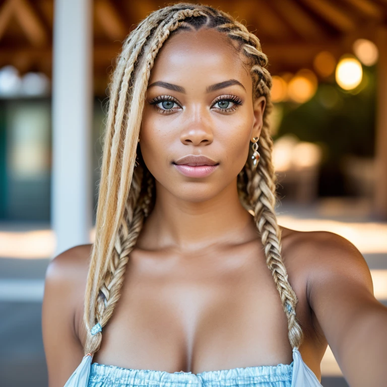 (selfie, center view: 1.4), (full of the body: 1.4), RAW UHD portrait photo of a 28-year-old African (blue-eyed African woman mixed brazillian), blonde braids, large breasts, (skirt), behind her Miami beach, (neckline), details (textures! , hair! , glitter, color!! , disadvantages: 1.1), glossy eyes with high detail (looking at the camera), SLR lighting, SLR camera, ultra-quality, sharpness, depth of field, film grain (center), Fujifilm XT3, crystal clear, frame center, beautiful face, sharp focus, bokeh (dimly lit), day, detailed skin pores, oily skin, sunburn, complex eye details, full body, large breasts