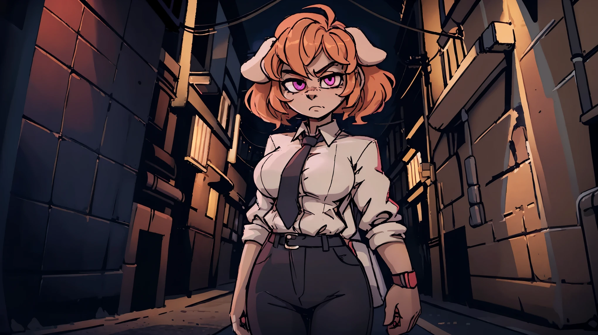 Skye, cockapoo, floppy ears, dog, beige tone, anthro, wavy ginger hair, magenta eyes, white shirt with tie, black pants, shoes, city, alley, standing, 6ft 4in tall, curvy, muscular, busty, looking serious, looking at viewer, solo, close camera, beautiful, extremely detailed, high quality, 4K, 8K, HDR, RAW