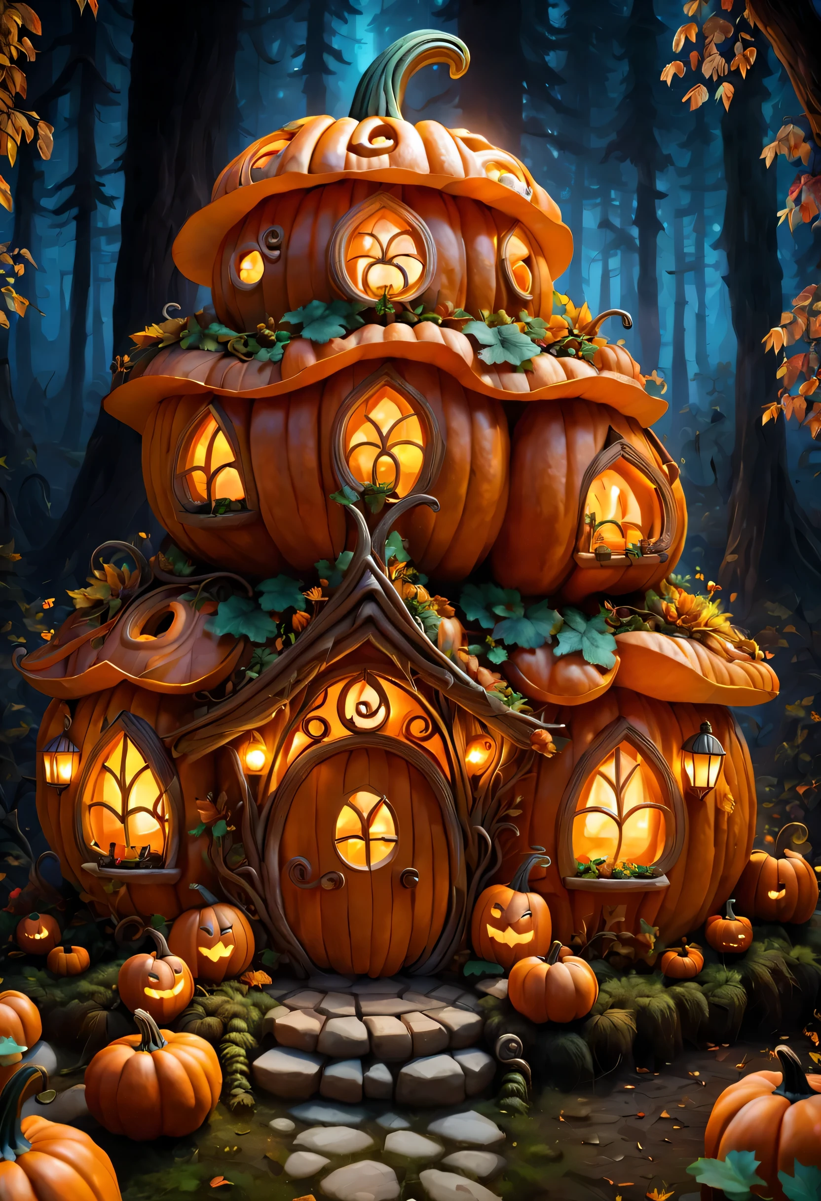 There  a pumpkin house in the enchanted forest，Beautiful carving on pumpkin，Empty，There are warm lights inside the pumpkin，Cute little animal Ludgeman