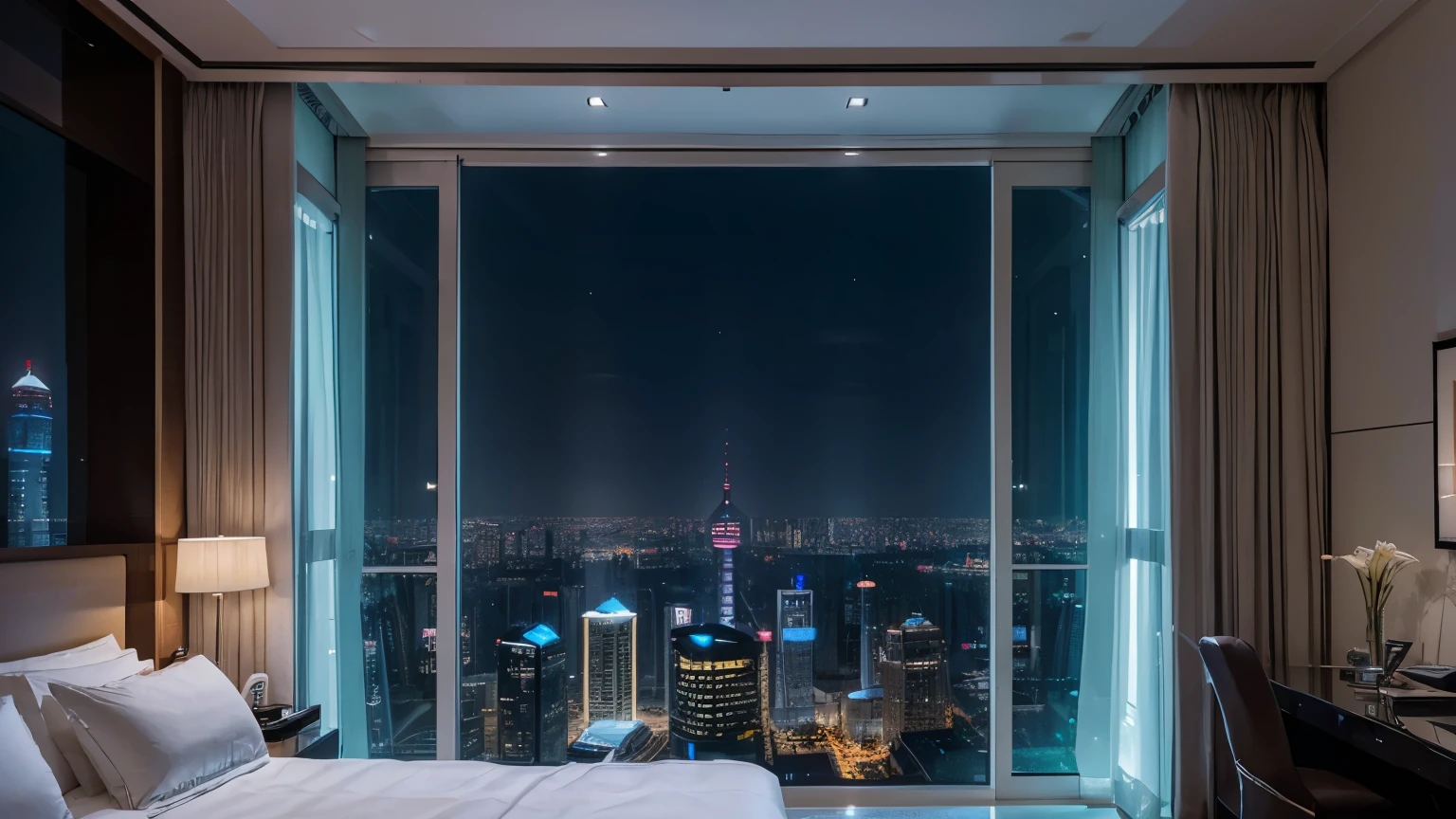 Room, luxury, white modern, hotel, two big bed side of room, far view, large window, futuristic city outside of window, Shanghai, night time, no one, 8k quality, high details, masterpiece