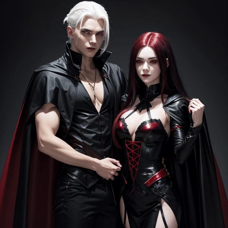  A young man vampire with white hair holds a vampire girl with black and red hair in his arms and both have capes and are in vampire costumes.