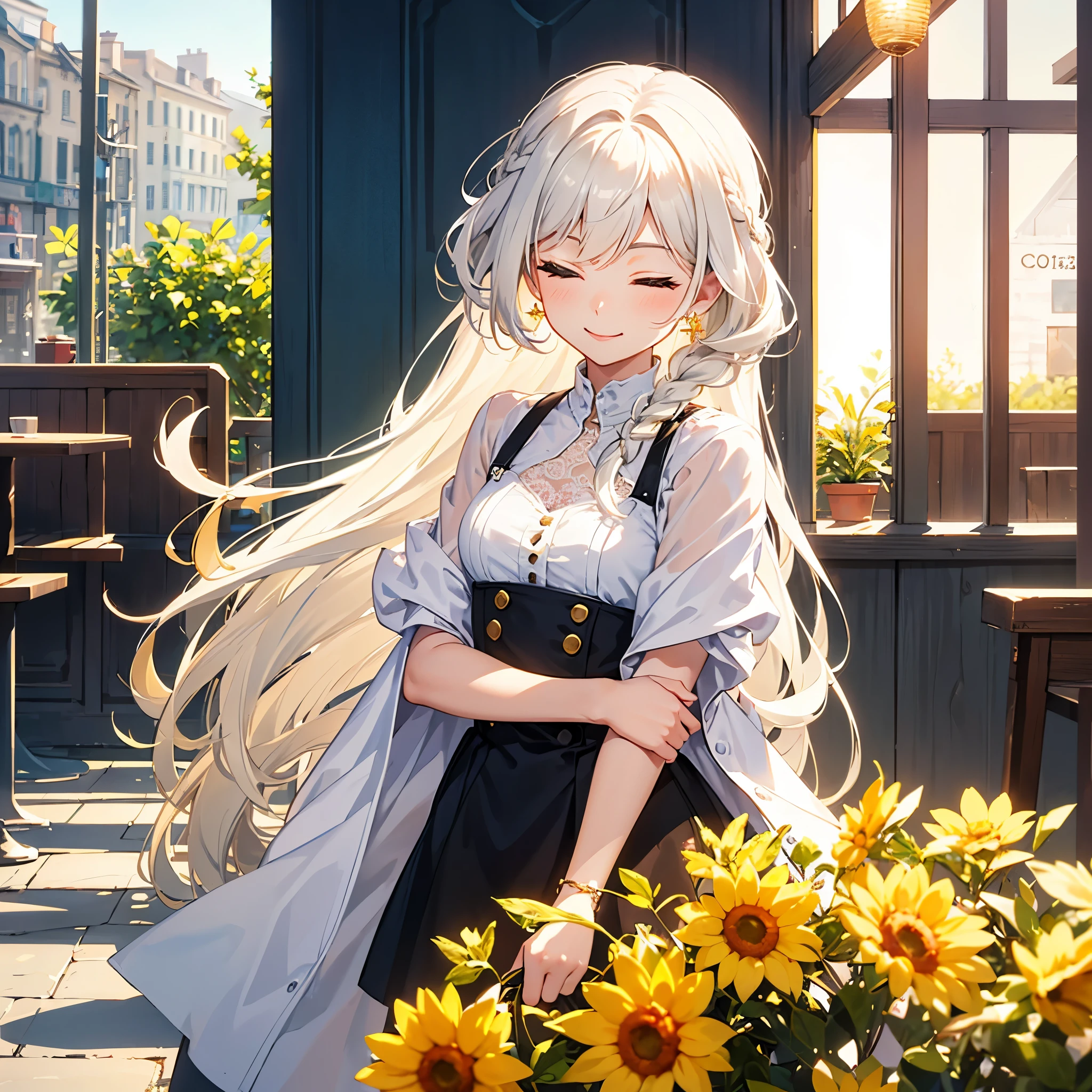 ((best quality)), ((masterpiece)), (detailed), 1 Girl, perfect face, sunny day, in a cafe, white yellow shirt, smiling, eyes closed, long wavy hair, lace braided hairstyle, gold star earring, white hair, yellow eyes, small breast, bokeh background, cinematic