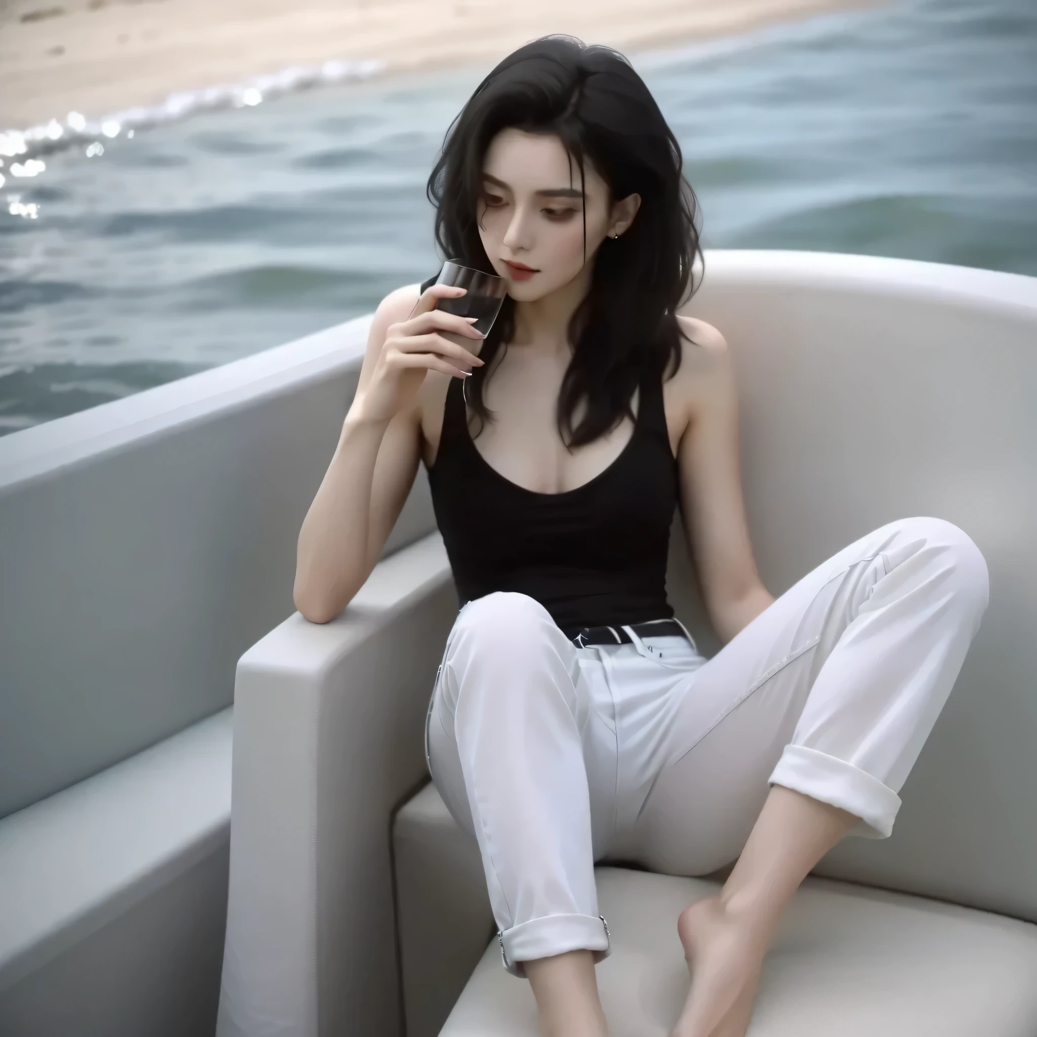 girl 25 years old, short black hair, drink a glass of water, sitting on a chair, on the beach, hyperrealistic, high detail, white top, wide denim trousers, Bare leg